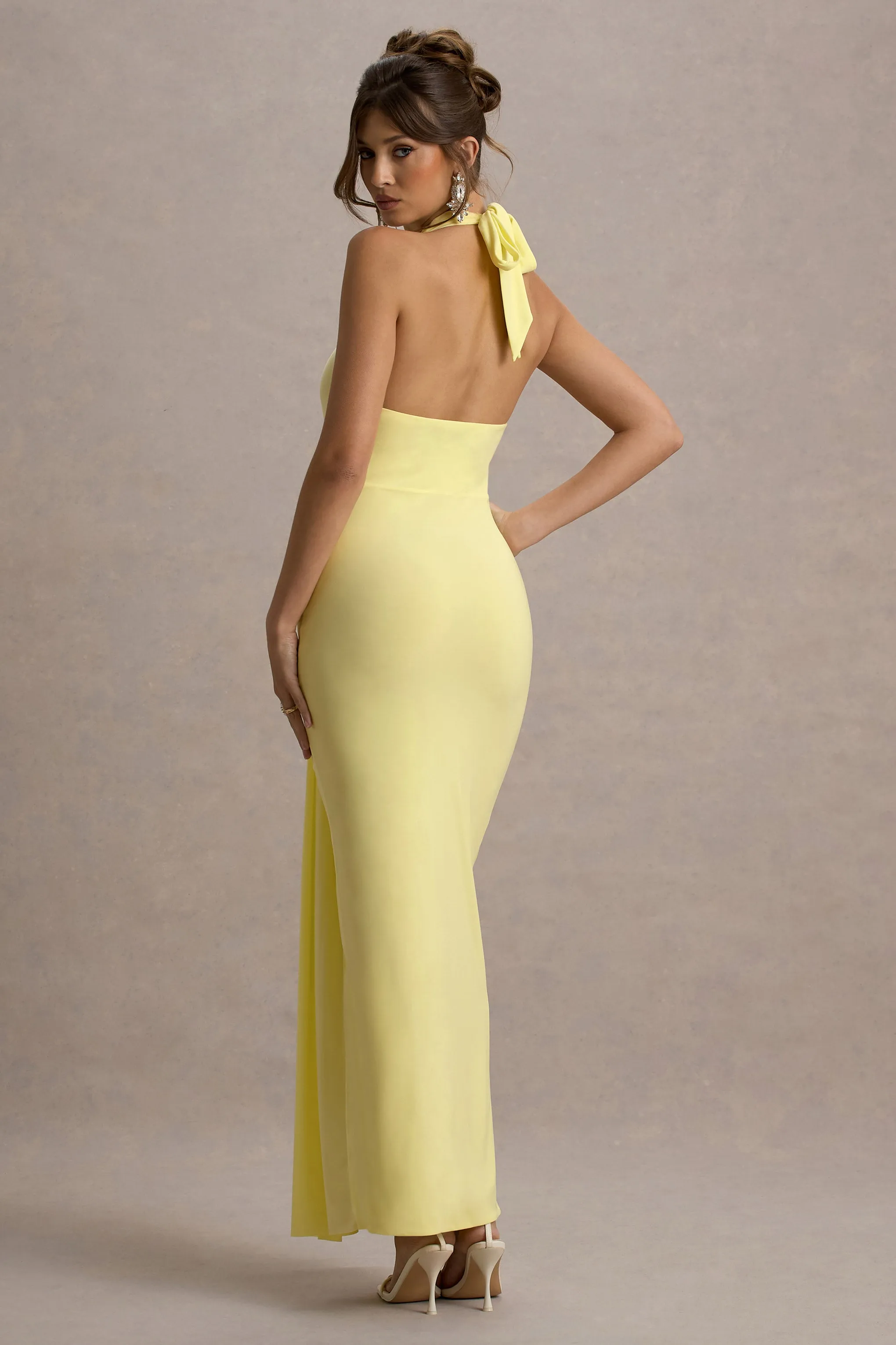 Sunflower | Lemon Ruched High-Neck Split Maxi Dress sold by Club L London product image thumbnail 2