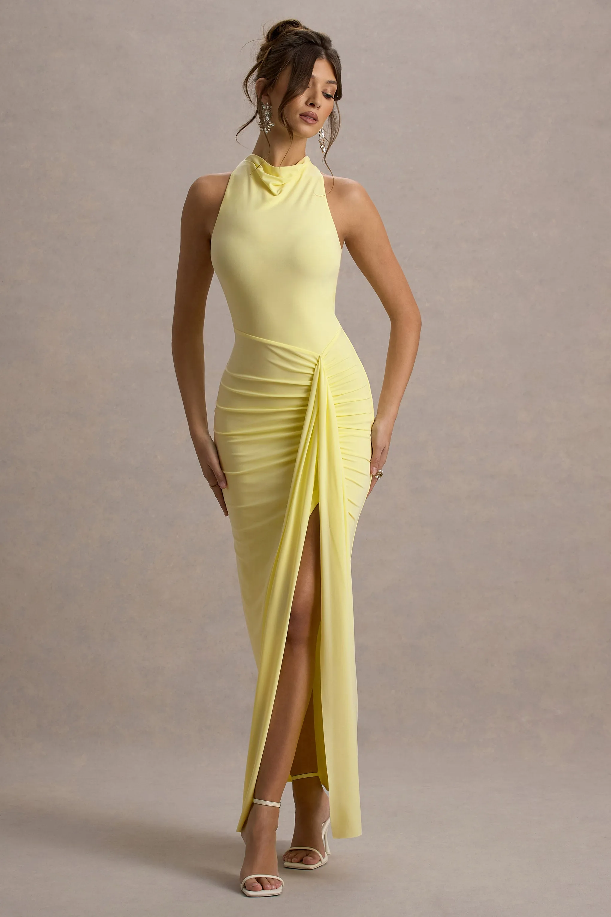 Sunflower | Lemon Ruched High-Neck Split Maxi Dress sold by Club L London