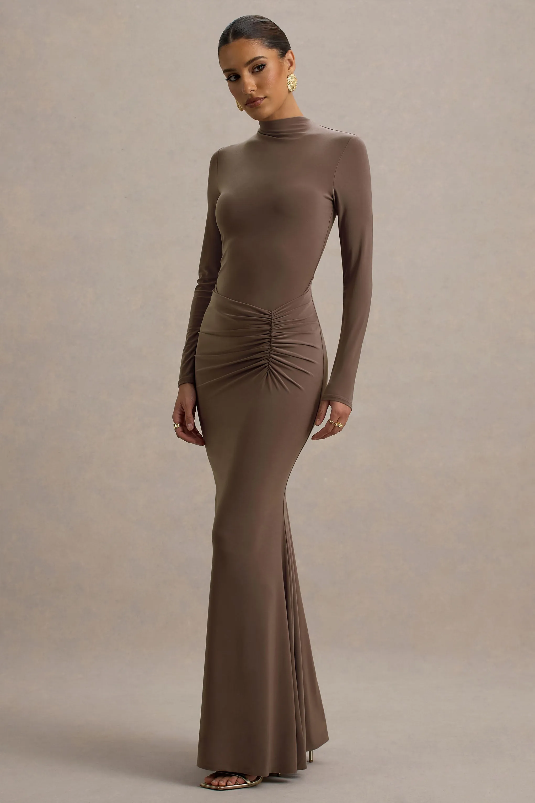 Reid | Brown Long-Sleeve Gathered Maxi Dress sold by Club L London product image thumbnail 5