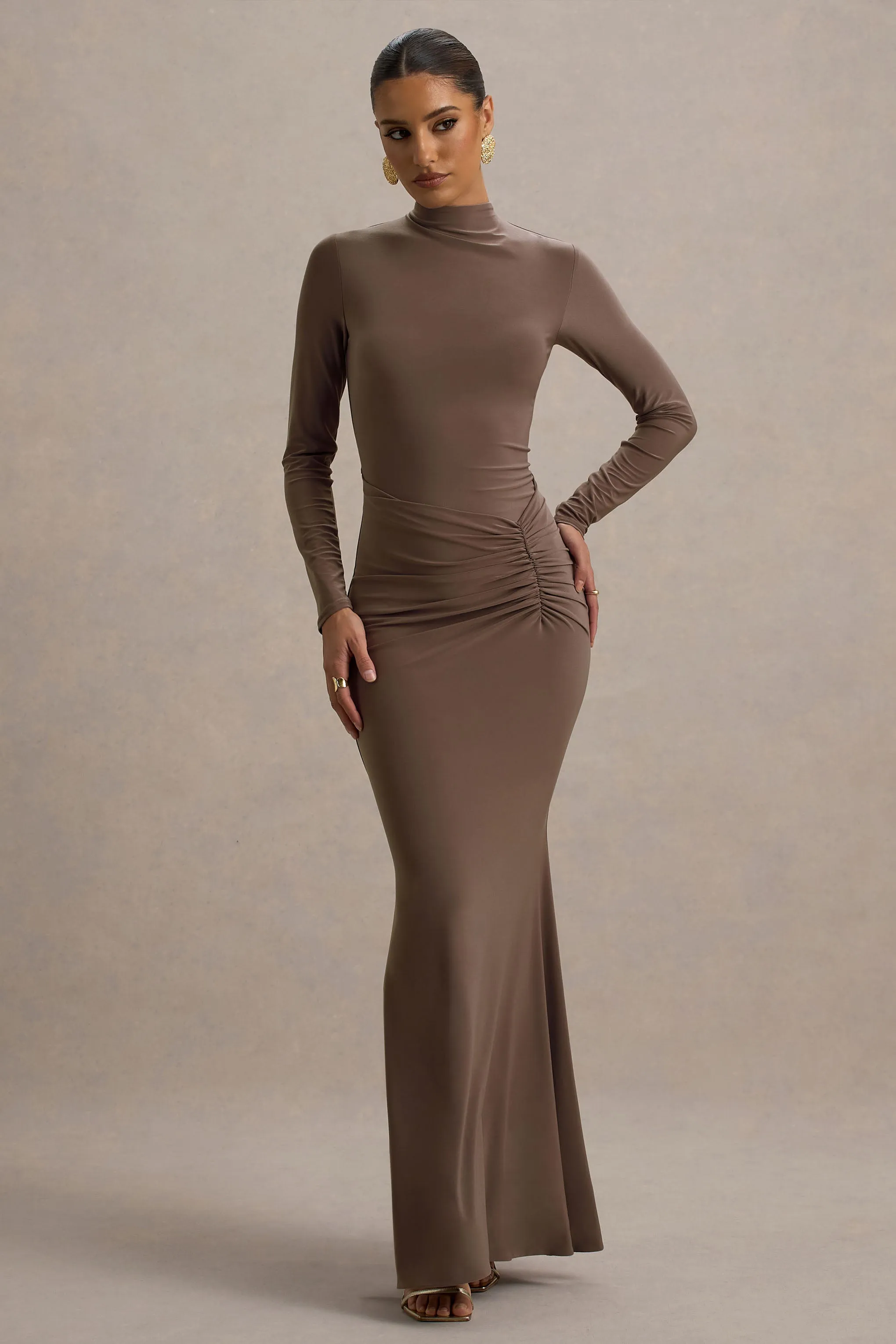 Reid | Brown Long-Sleeve Gathered Maxi Dress sold by Club L London product image thumbnail 4