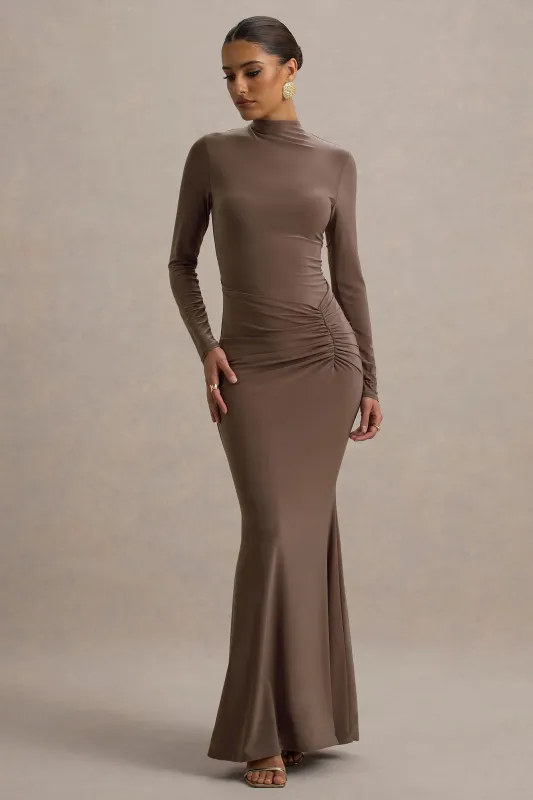 Reid | Brown Long-Sleeve Gathered Maxi Dress sold by Club L London