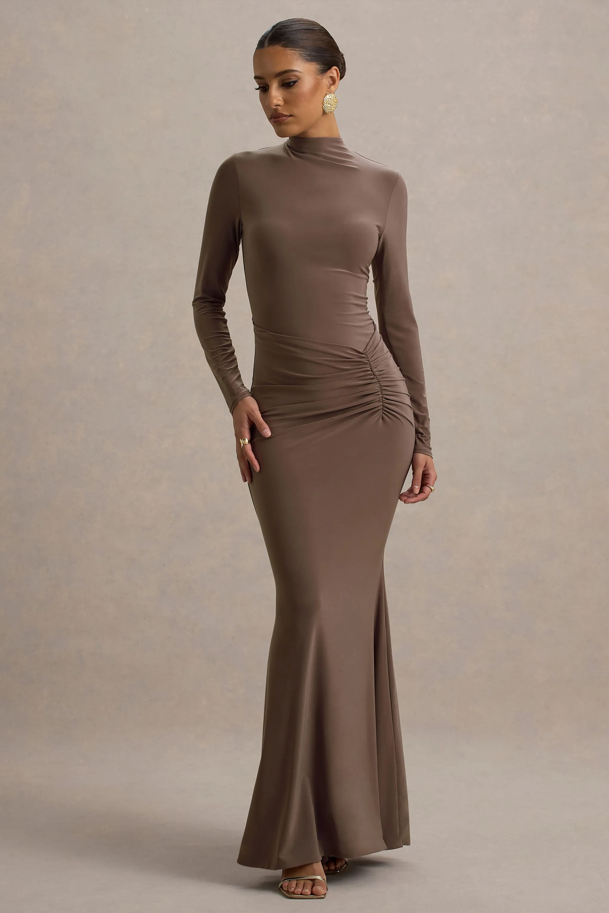 Reid | Brown Long-Sleeve Gathered Maxi Dress sold by Club L London