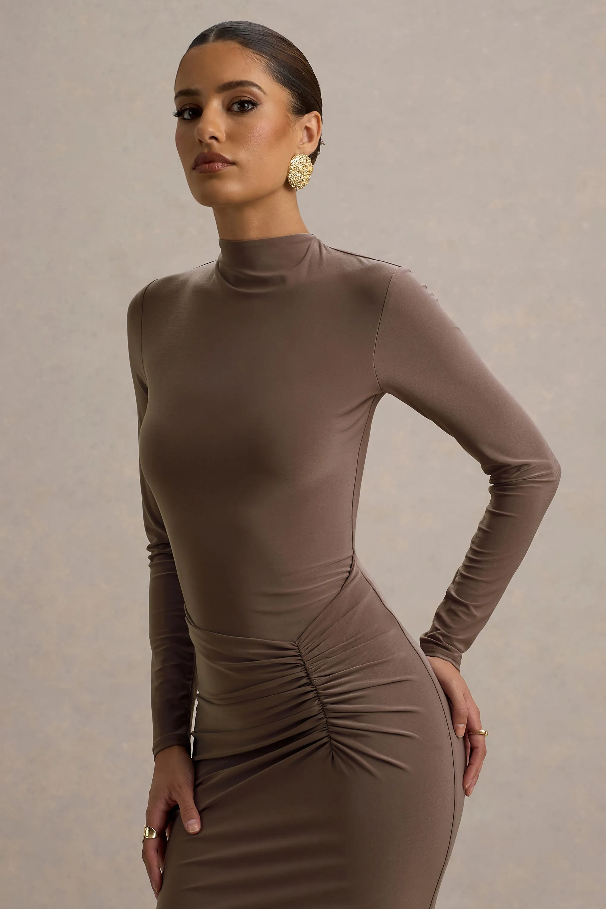 Reid | Brown Long-Sleeve Gathered Maxi Dress sold by Club L London product image thumbnail 3