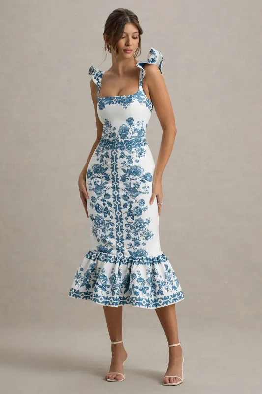 Sarey | Blue Porcelain Print Ruffle Midi Dress sold by Club L London