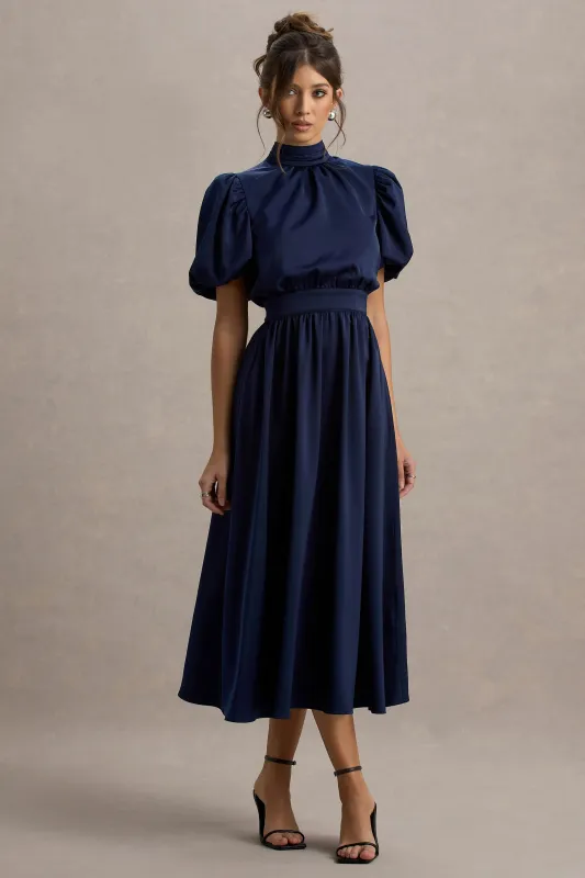 Persea | Navy Satin Puff-Sleeve Midi Dress With Bow sold by Club L London