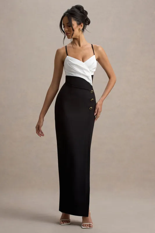 Rosalind | Black & White Strappy Tailored Maxi Dress With Split sold by Club L London