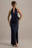 Santorini | Navy Satin Plunge-Neck Wrap Maxi Dress sold by Club L London
