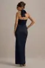 Santorini | Navy Satin Plunge-Neck Wrap Maxi Dress sold by Club L London