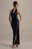 Santorini | Navy Satin Plunge-Neck Wrap Maxi Dress sold by Club L London