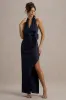 Santorini | Navy Satin Plunge-Neck Wrap Maxi Dress sold by Club L London