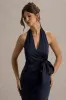 Santorini | Navy Satin Plunge-Neck Wrap Maxi Dress sold by Club L London