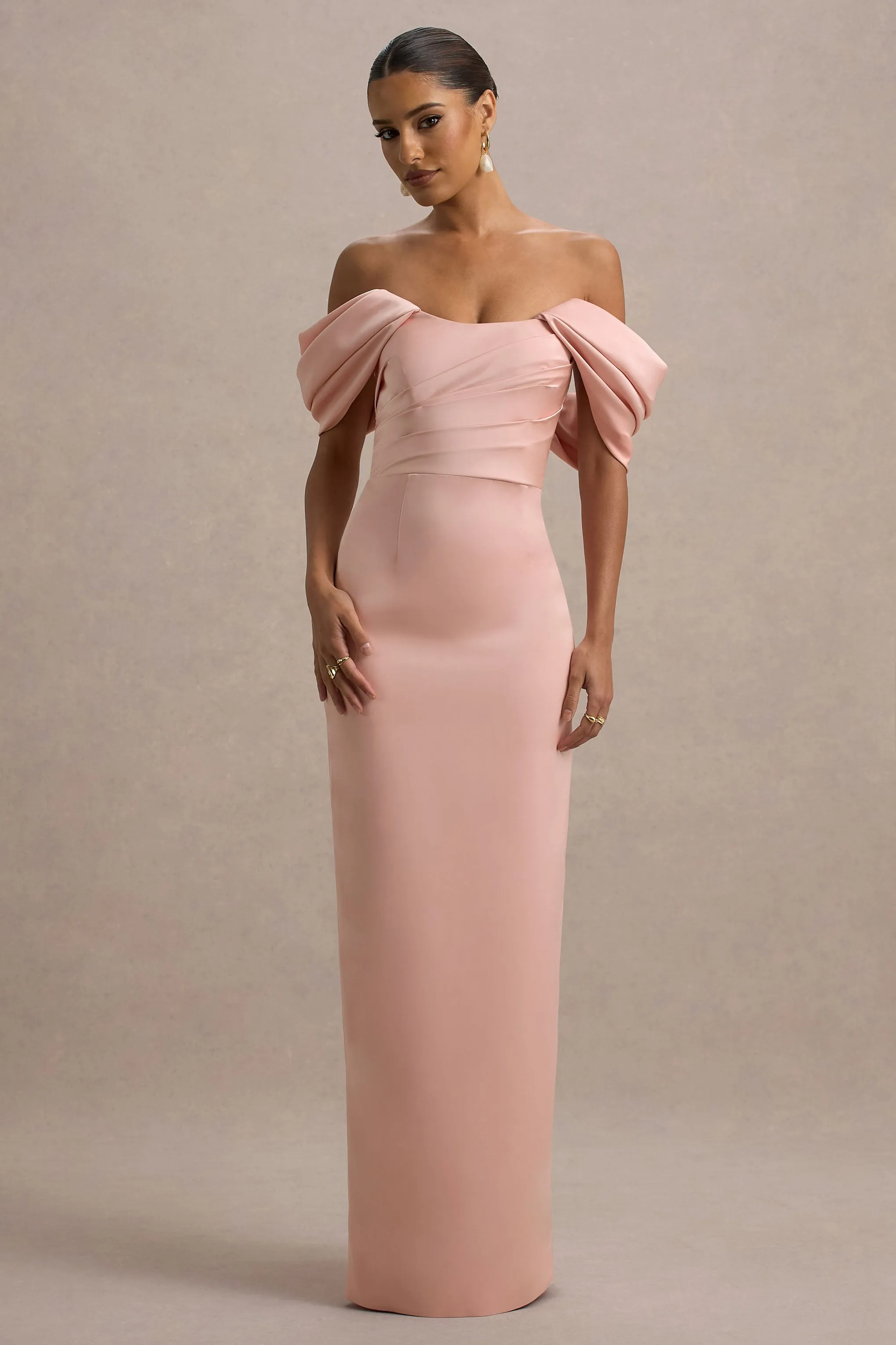 Annita | Light Pink Satin Bardot Maxi Dress sold by Club L London