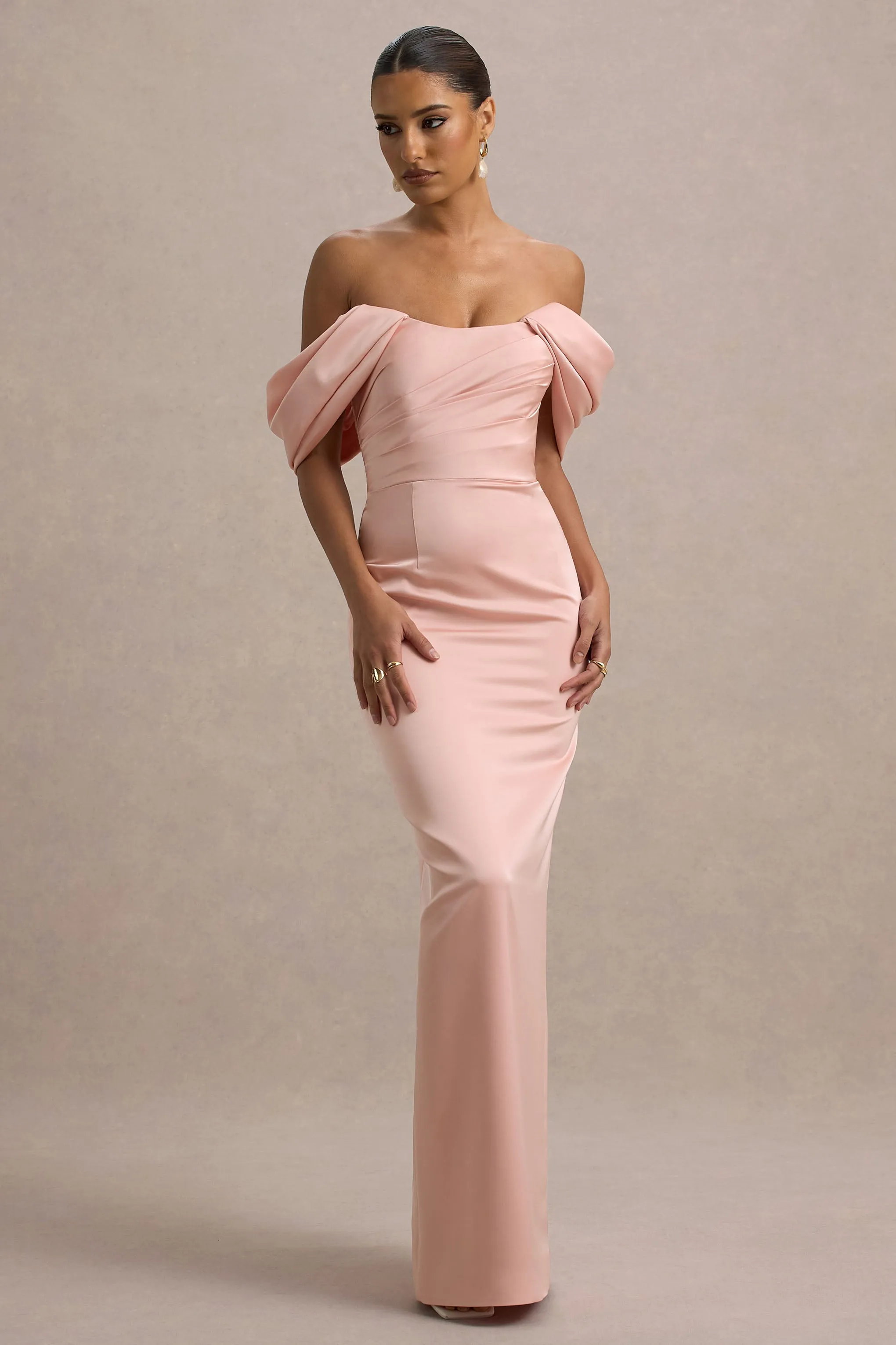 Annita | Light Pink Satin Bardot Maxi Dress sold by Club L London product image thumbnail 5