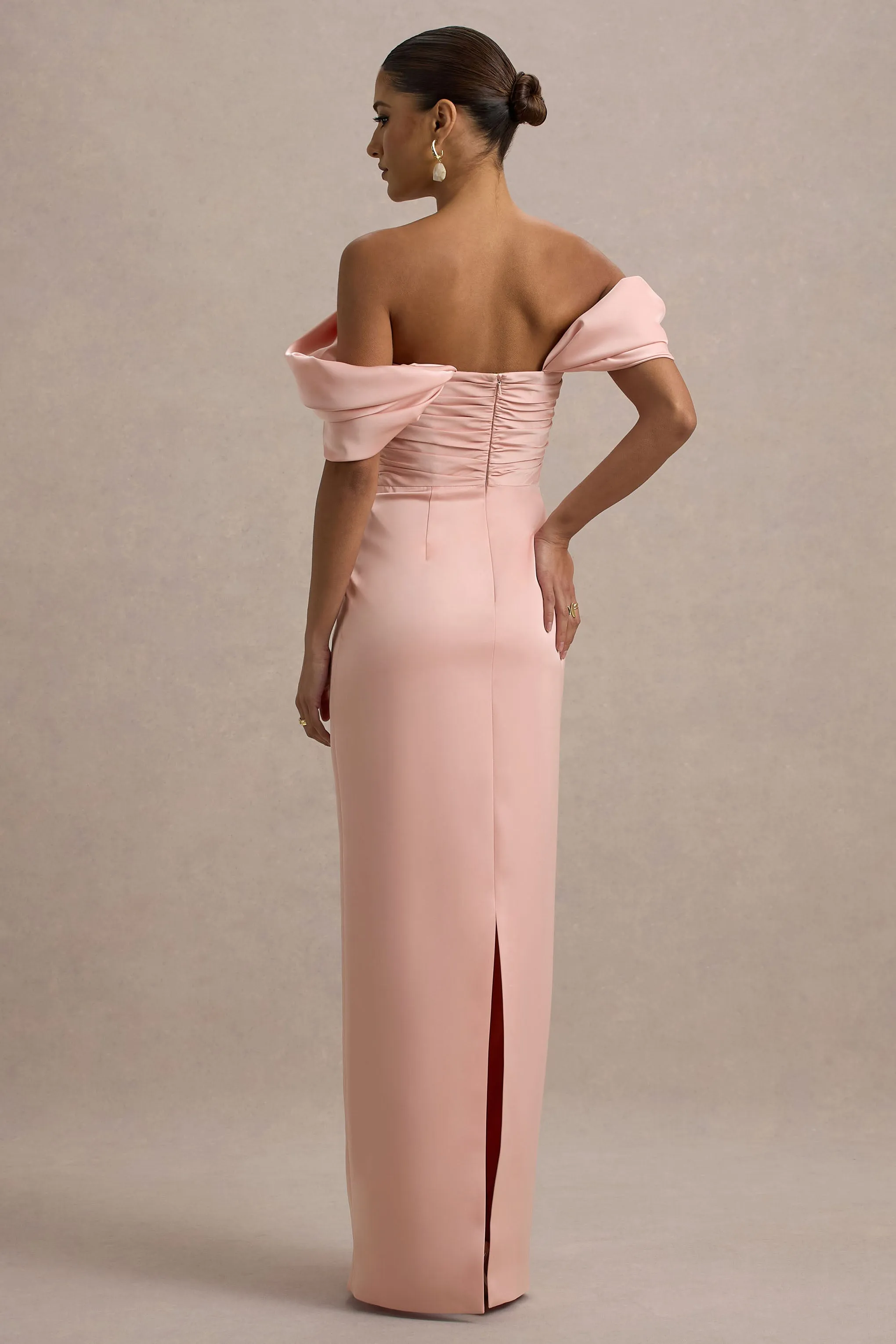 Annita | Light Pink Satin Bardot Maxi Dress sold by Club L London product image thumbnail 2