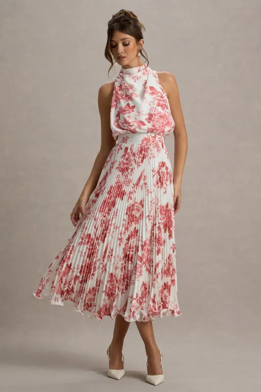 Nila | Pink Porcelain Print Cowl-Neck Midi Dress With Plisse Skirt sold by Club L London