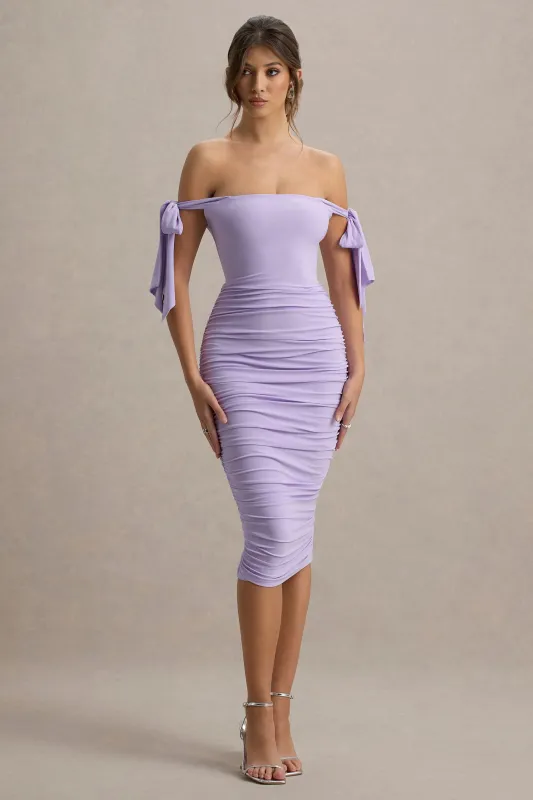 Citrus | Lilac Bardot Bodycon Midi Dress With Bow Sleeves sold by Club L London