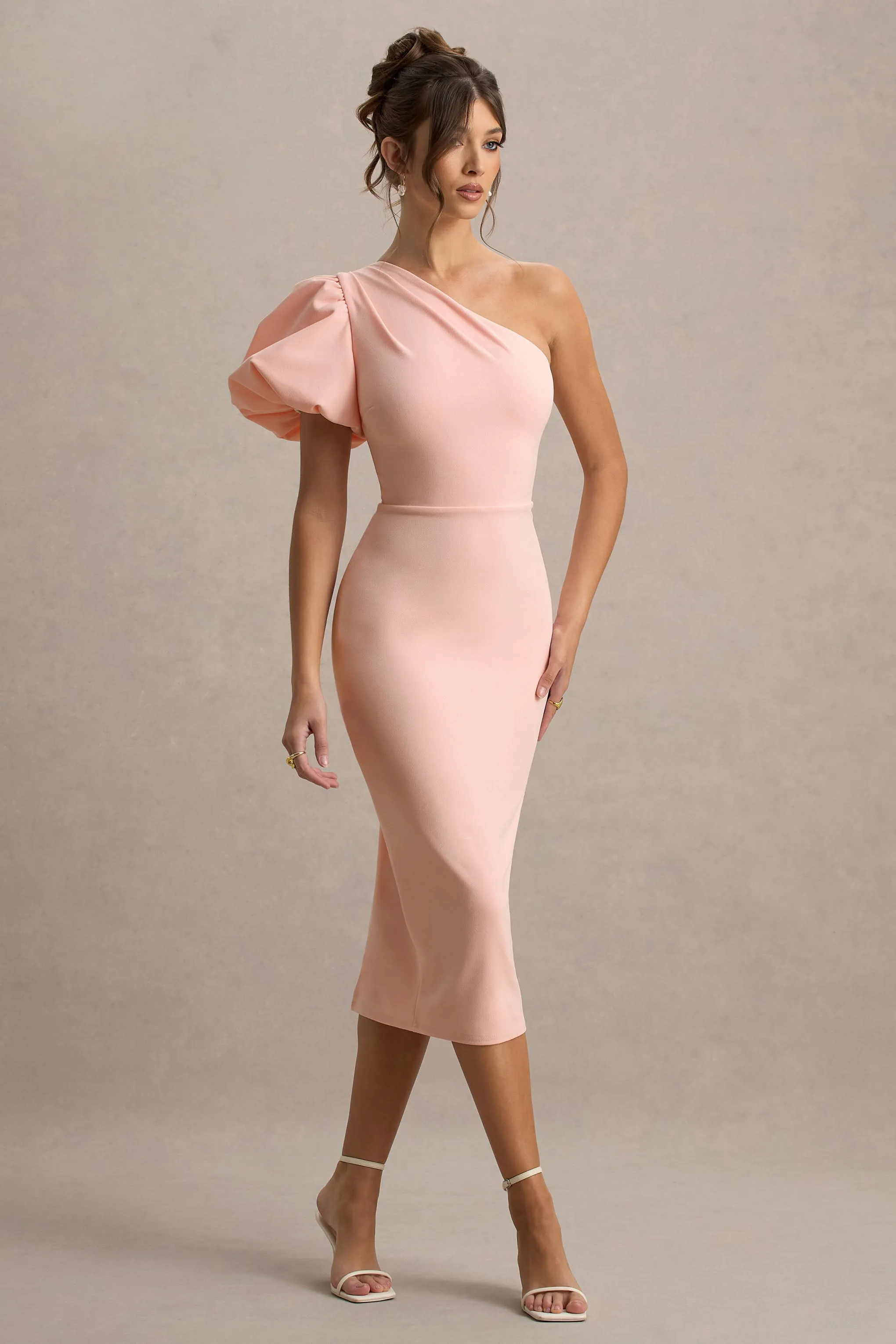 Aimee | Pink Asymmetric Puff-Sleeve Midi Dress sold by Club L London product image thumbnail 5