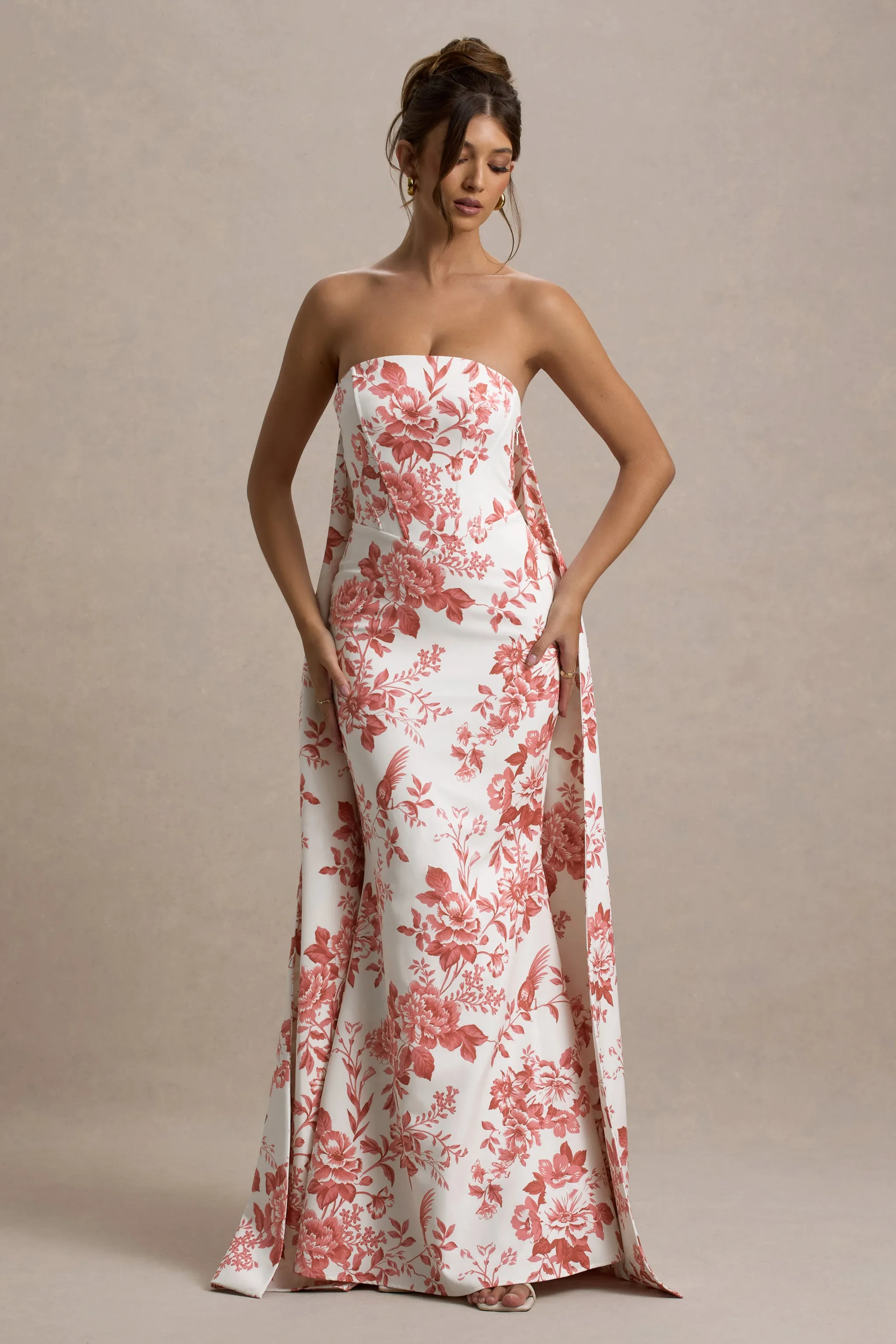 Lywenn | Pink Porcelain Print Bandeau Maxi Dress With Cape sold by Club L London product image thumbnail 4