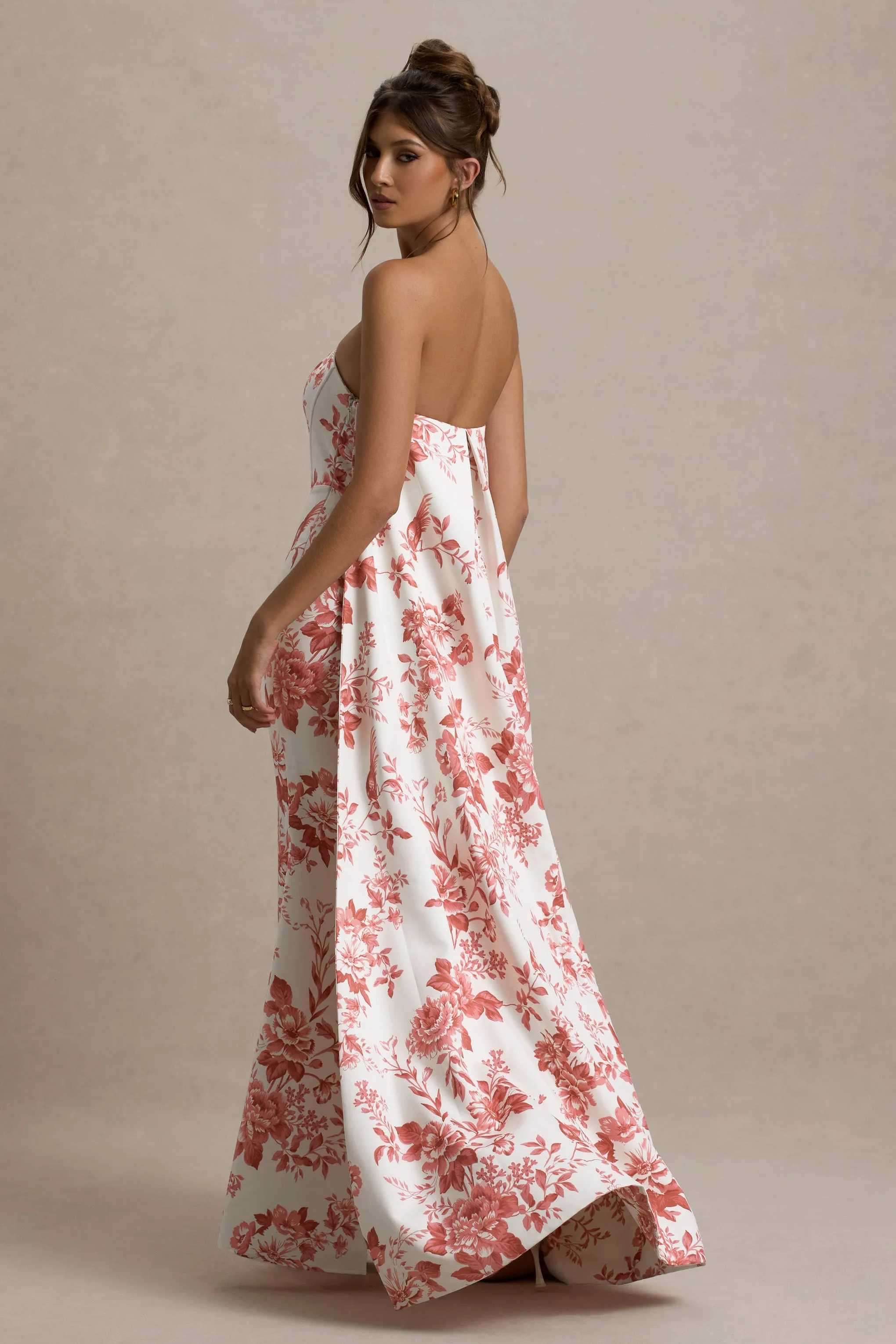 Lywenn | Pink Porcelain Print Bandeau Maxi Dress With Cape sold by Club L London product image thumbnail 2