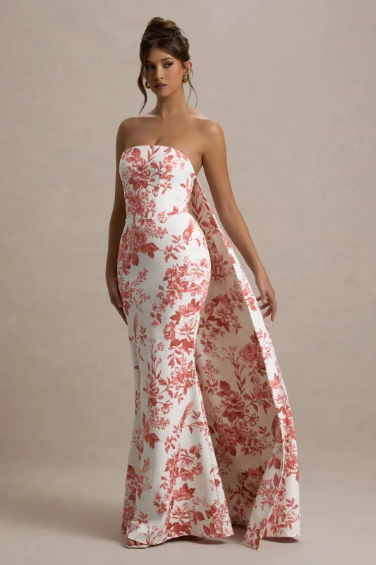 Lywenn | Pink Porcelain Print Bandeau Maxi Dress With Cape sold by Club L London