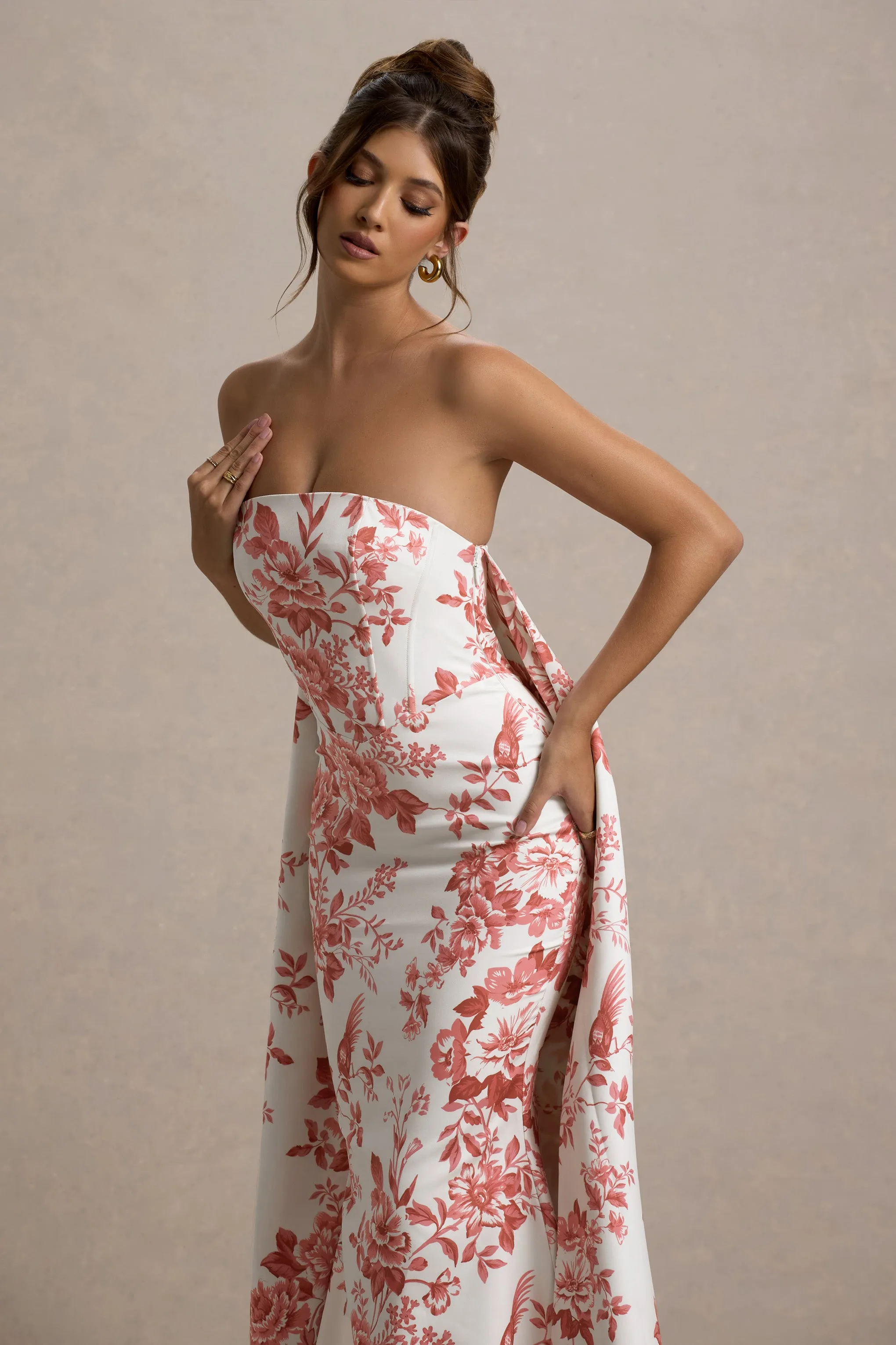 Lywenn | Pink Porcelain Print Bandeau Maxi Dress With Cape sold by Club L London product image thumbnail 3