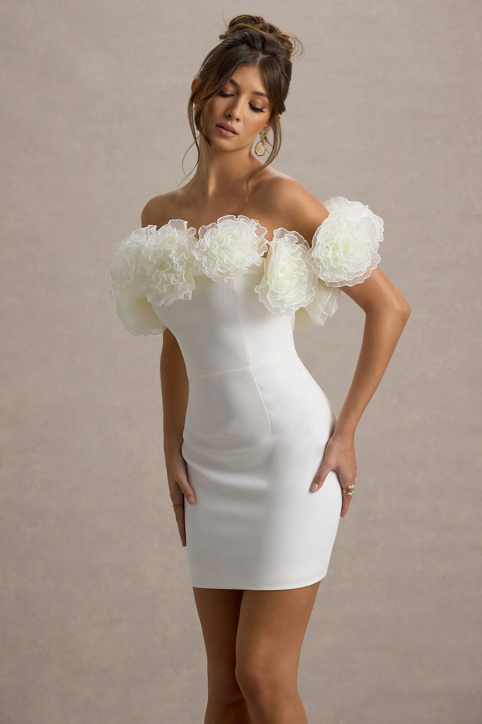 Von | White Bardot Mini Dress With Ruffle Trim sold by Club L London product image thumbnail 3