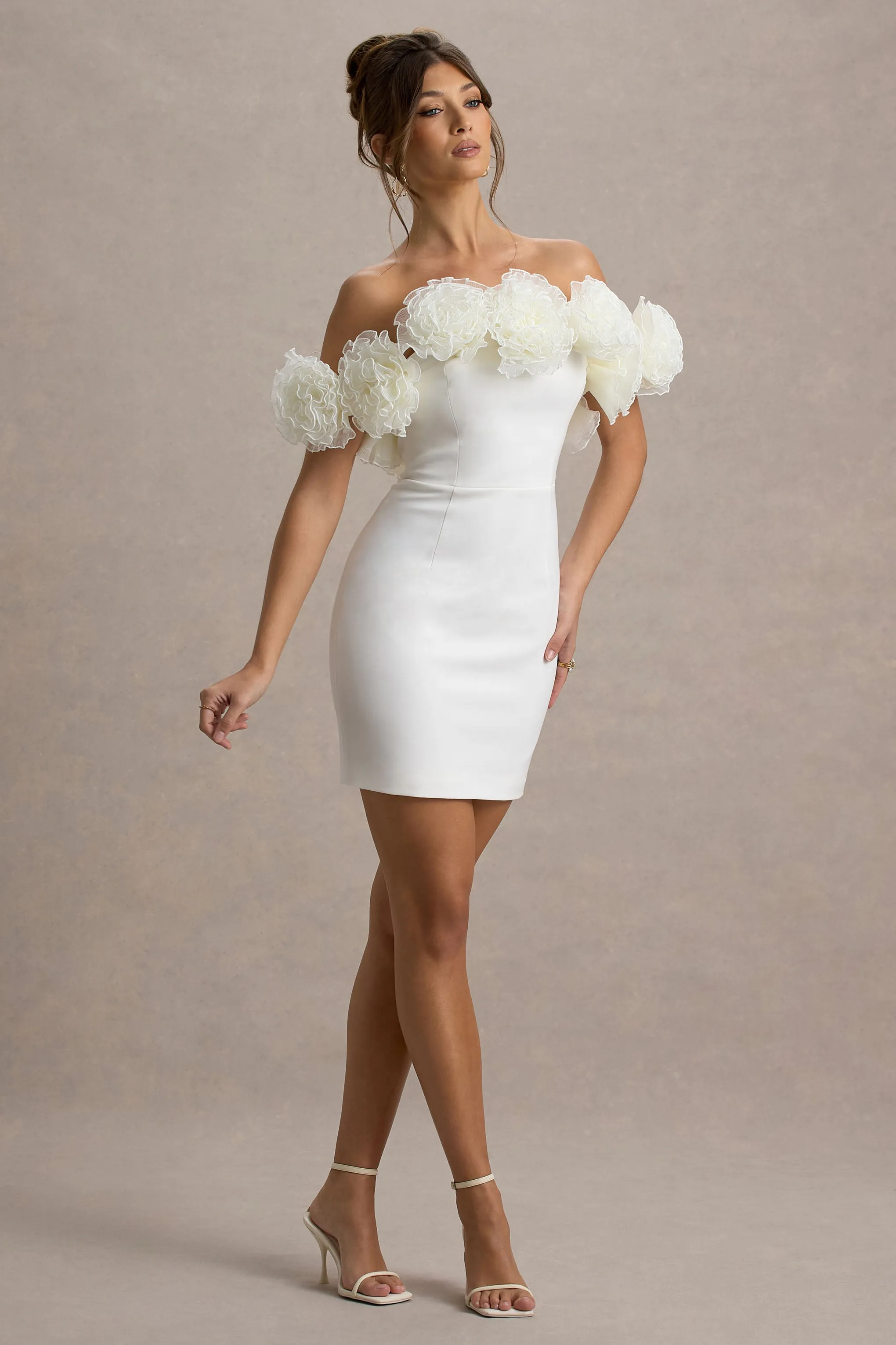 Von | White Bardot Mini Dress With Ruffle Trim sold by Club L London product image thumbnail 5