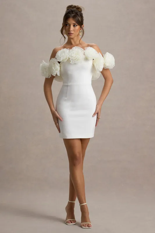 Von | White Bardot Mini Dress With Ruffle Trim sold by Club L London
