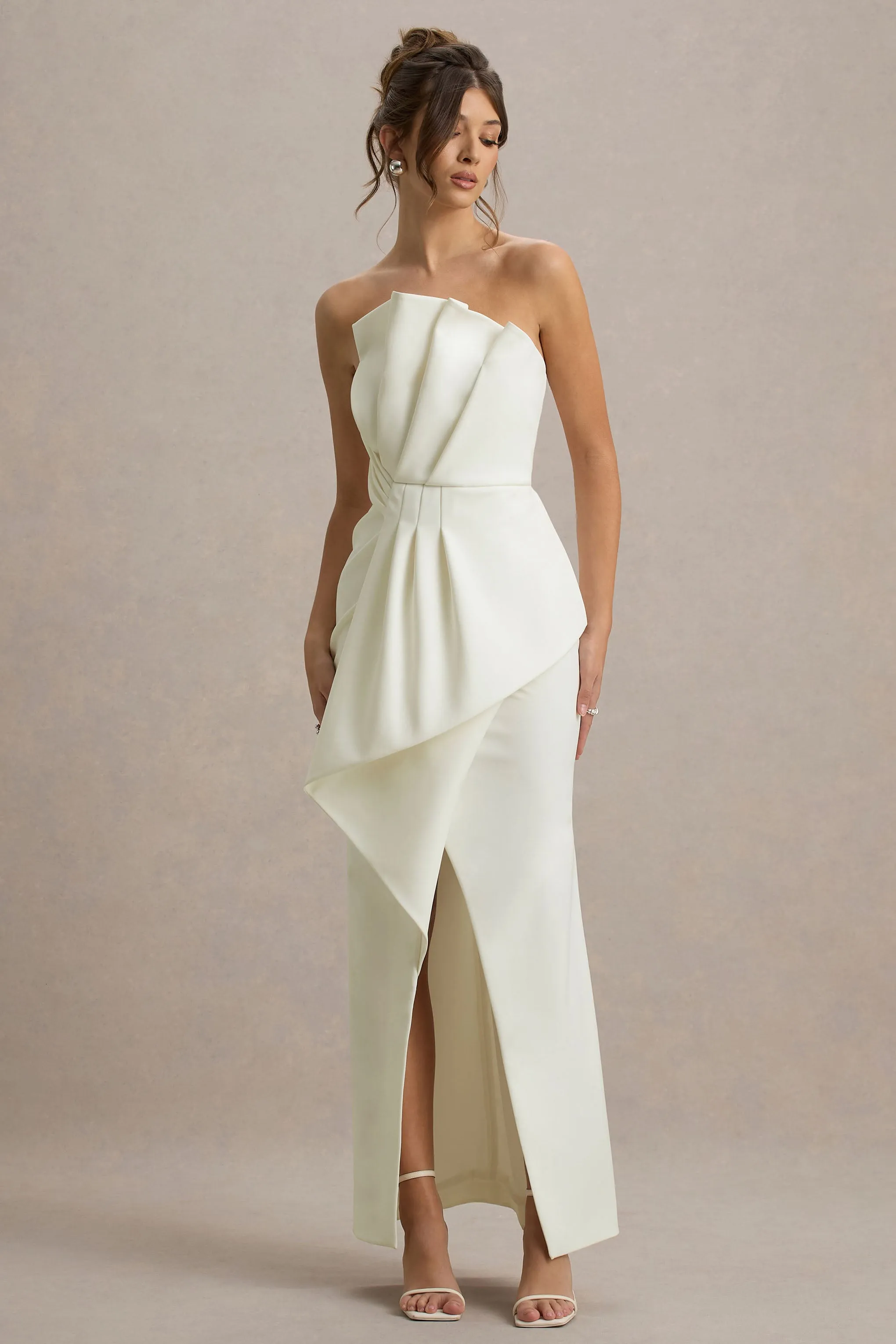 Dreamy Whispers | Cream Strapless Ruffle Split Maxi Dress sold by Club L London product image thumbnail 5