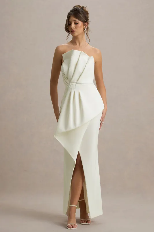 Dreamy Whispers | Cream Strapless Ruffle Split Maxi Dress sold by Club L London