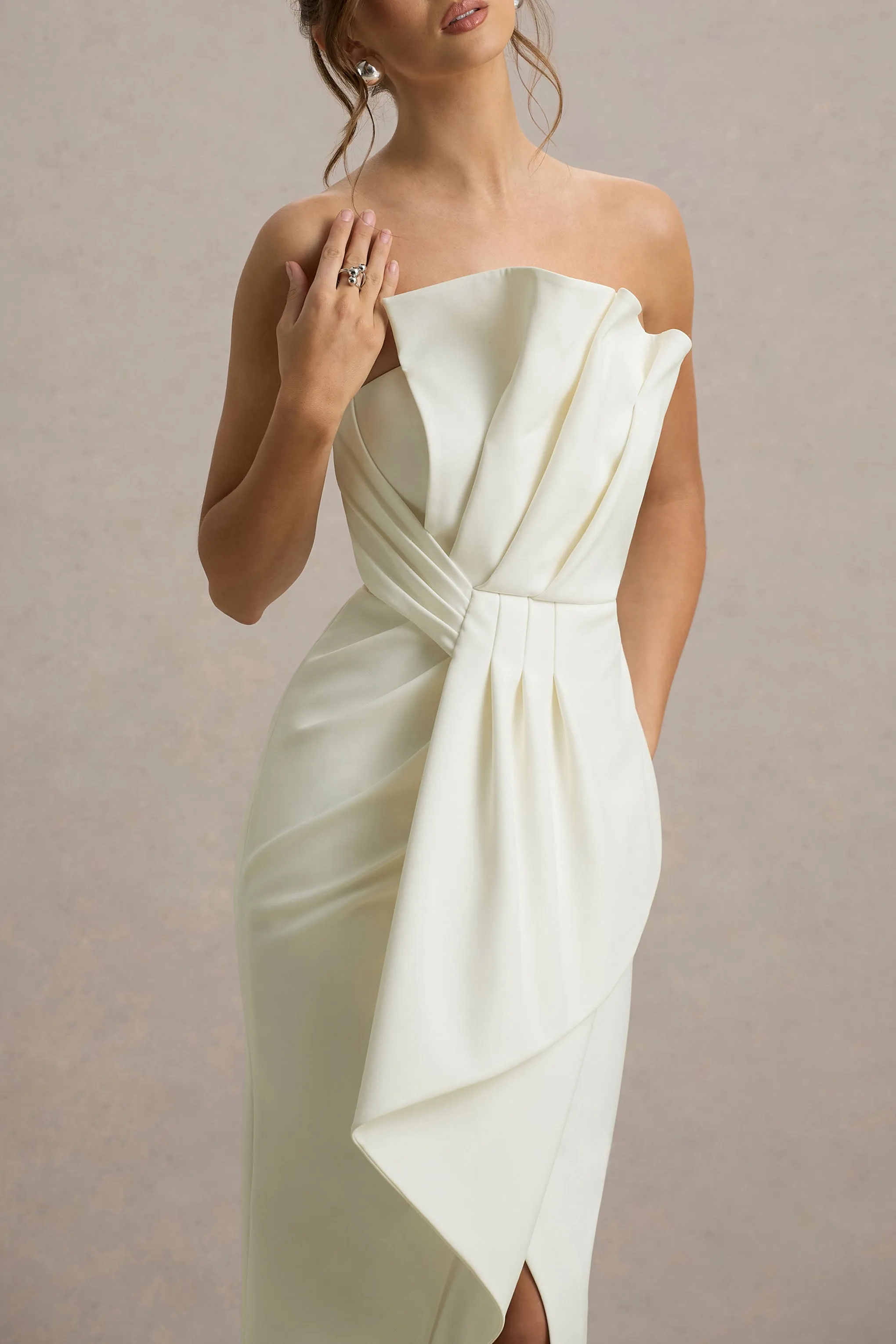 Dreamy Whispers | Cream Strapless Ruffle Split Maxi Dress sold by Club L London product image thumbnail 3