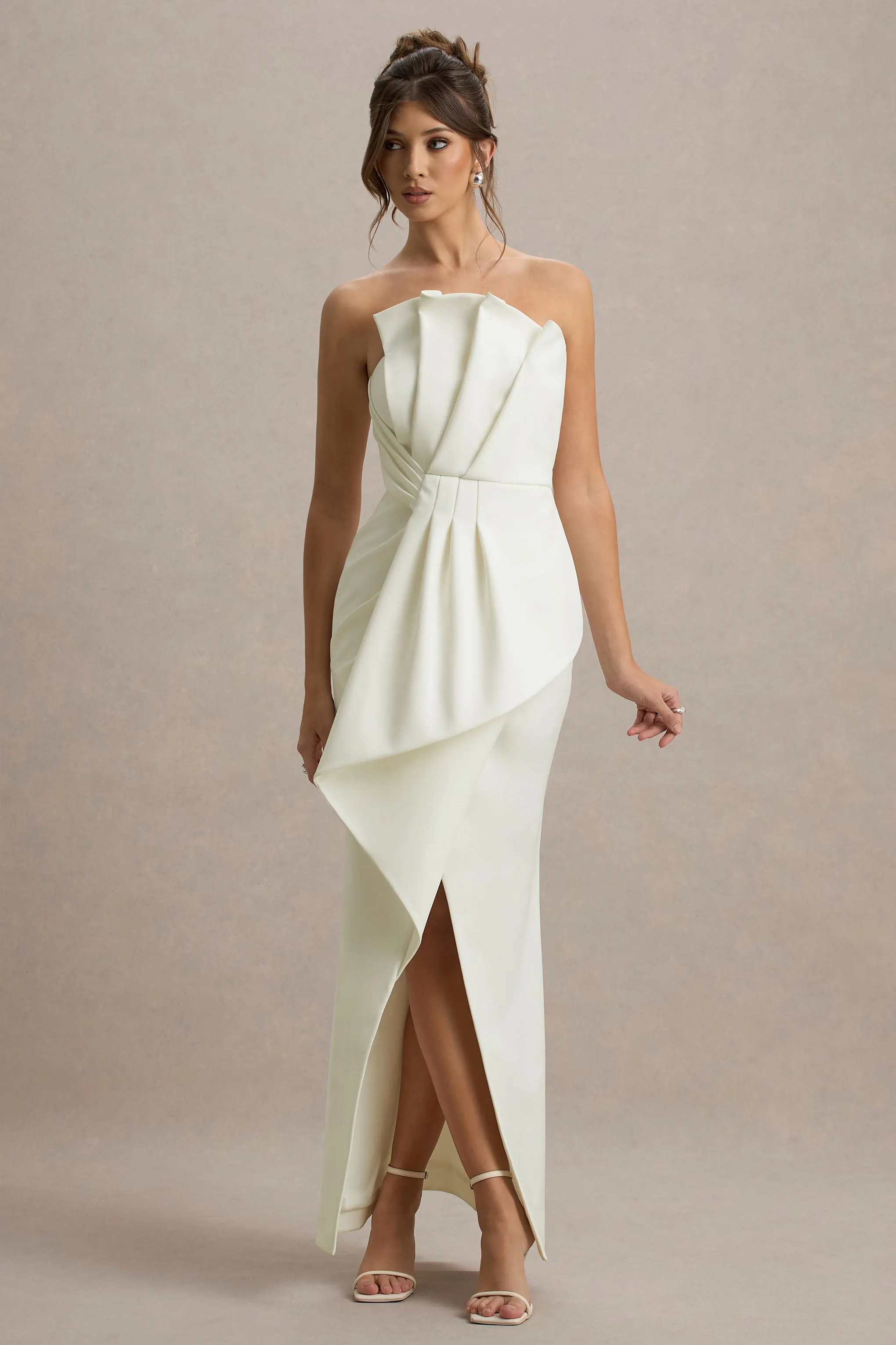 Dreamy Whispers | Cream Strapless Ruffle Split Maxi Dress sold by Club L London product image thumbnail 4