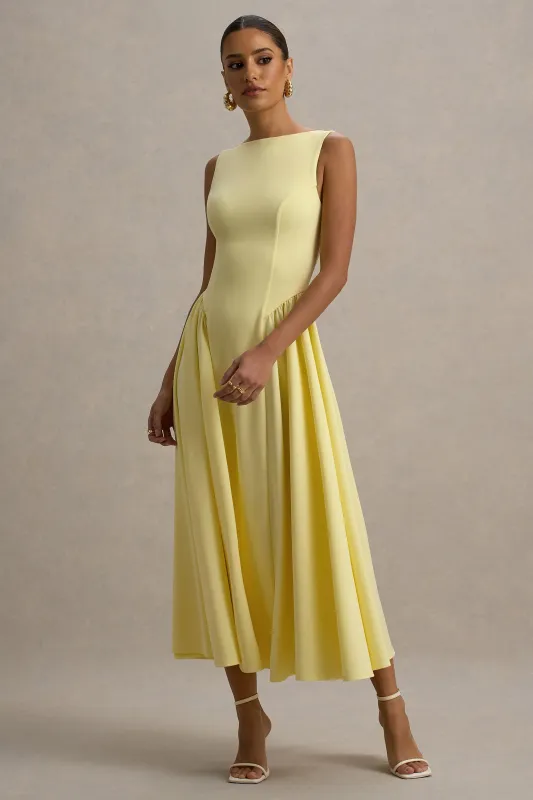 Muriel | Lemon Boat-Neck Volume-Hem Midi Dress sold by Club L London
