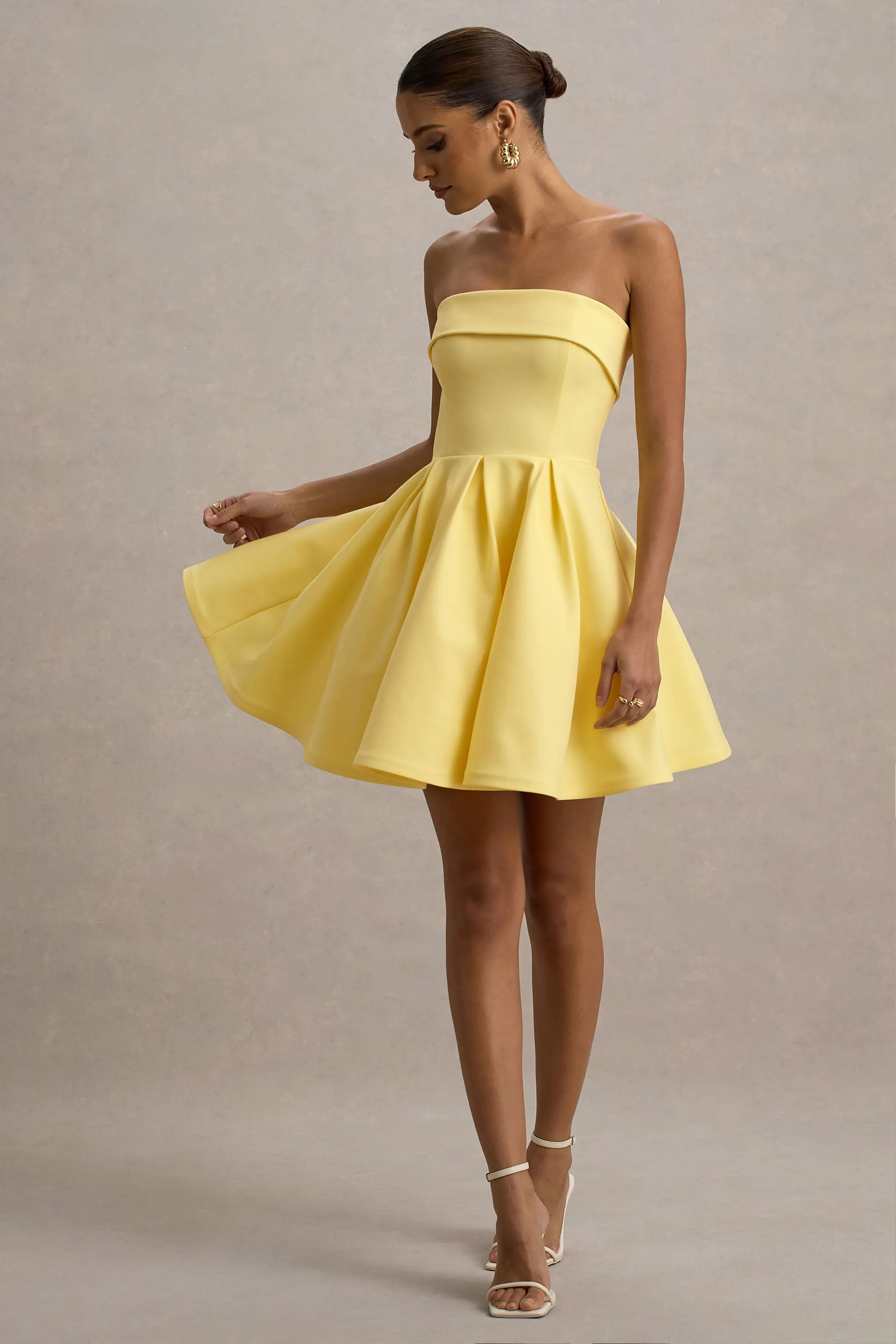 Bruna | Lemon Bandeau Skater Mini Dress sold by Club L London