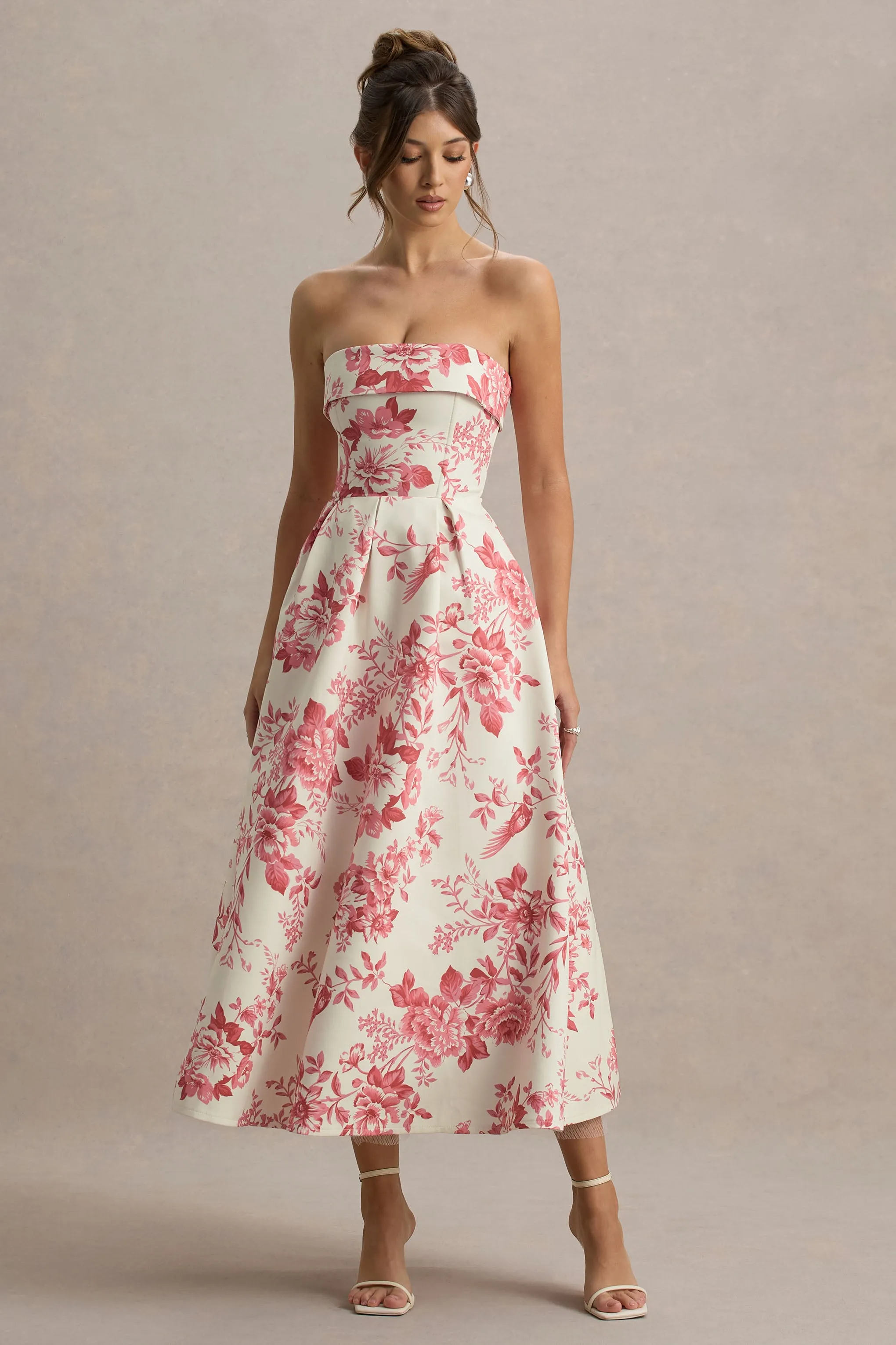Annalise | Pink Floral Print Bandeau Skater Midi Dress sold by Club L London product image thumbnail 5
