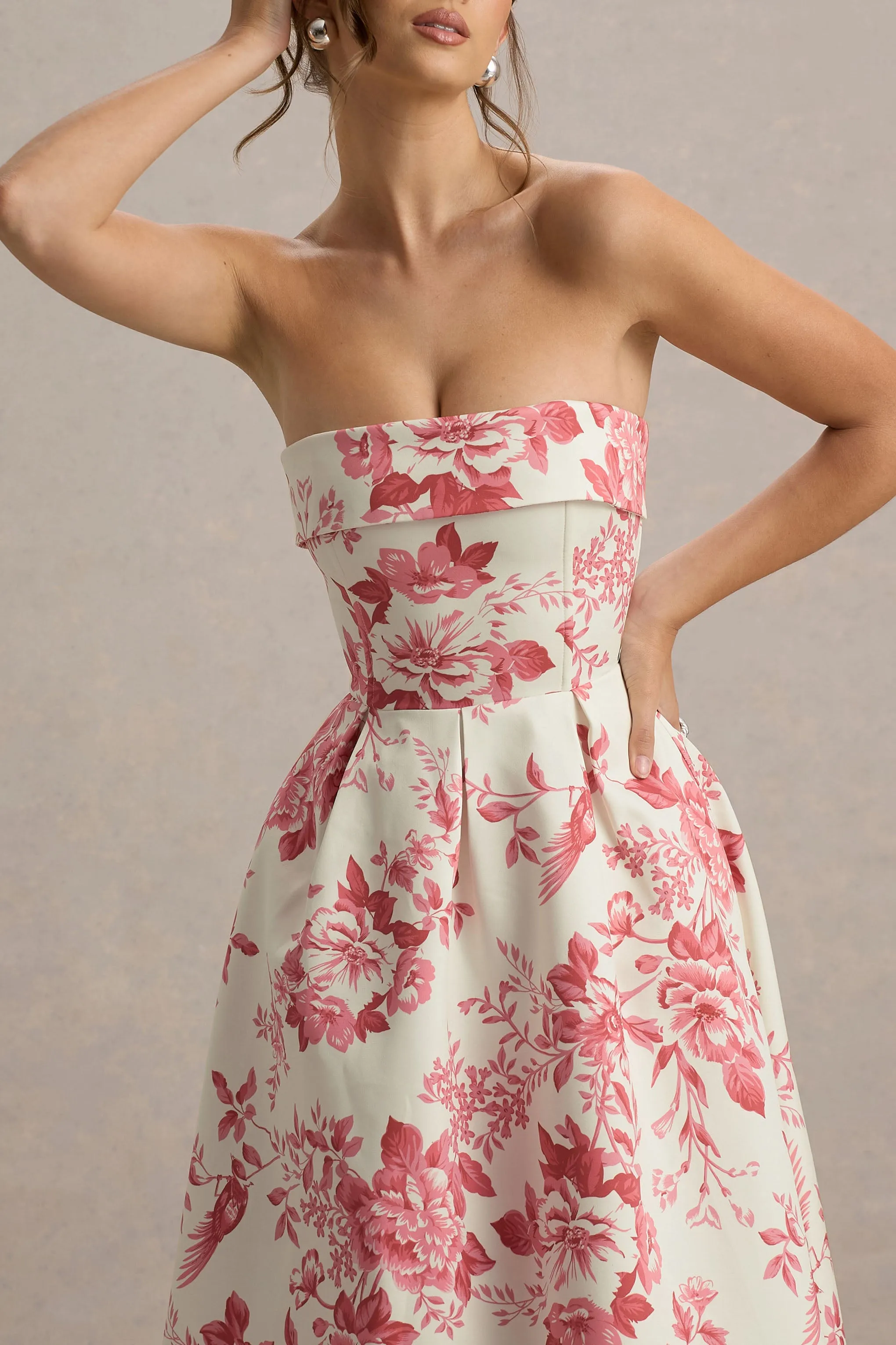 Annalise | Pink Floral Print Bandeau Skater Midi Dress sold by Club L London product image thumbnail 3
