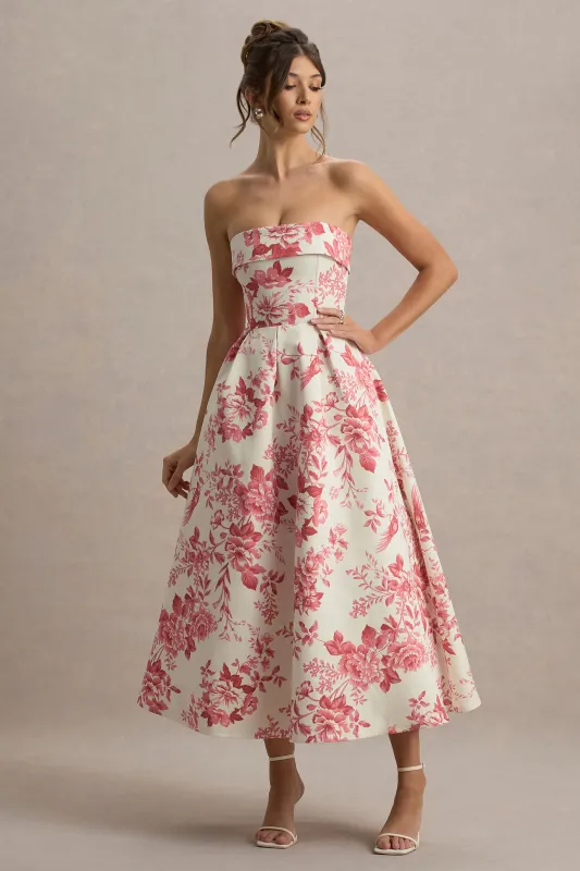 Annalise | Pink Floral Print Bandeau Skater Midi Dress sold by Club L London