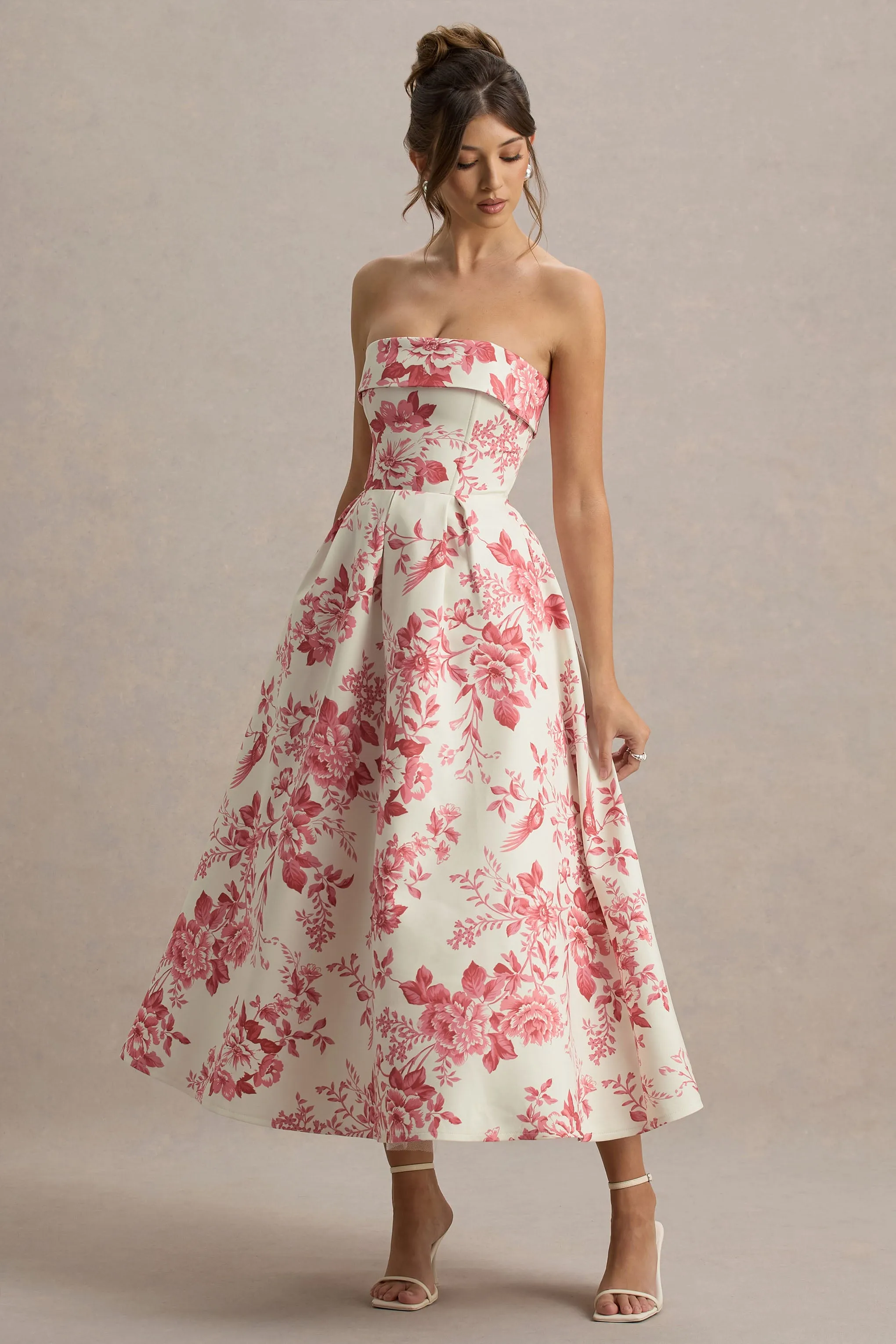 Annalise | Pink Floral Print Bandeau Skater Midi Dress sold by Club L London product image thumbnail 4