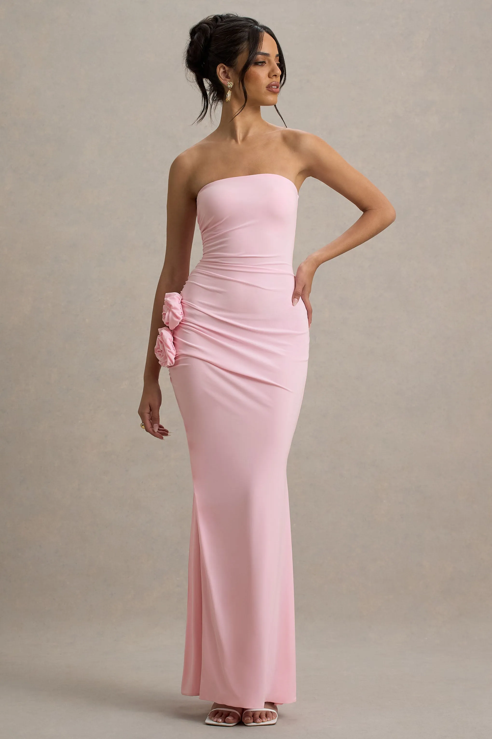 My Muse | Pink Ruched Bandeau Split Maxi Dress With Flowers sold by Club L London product image thumbnail 5
