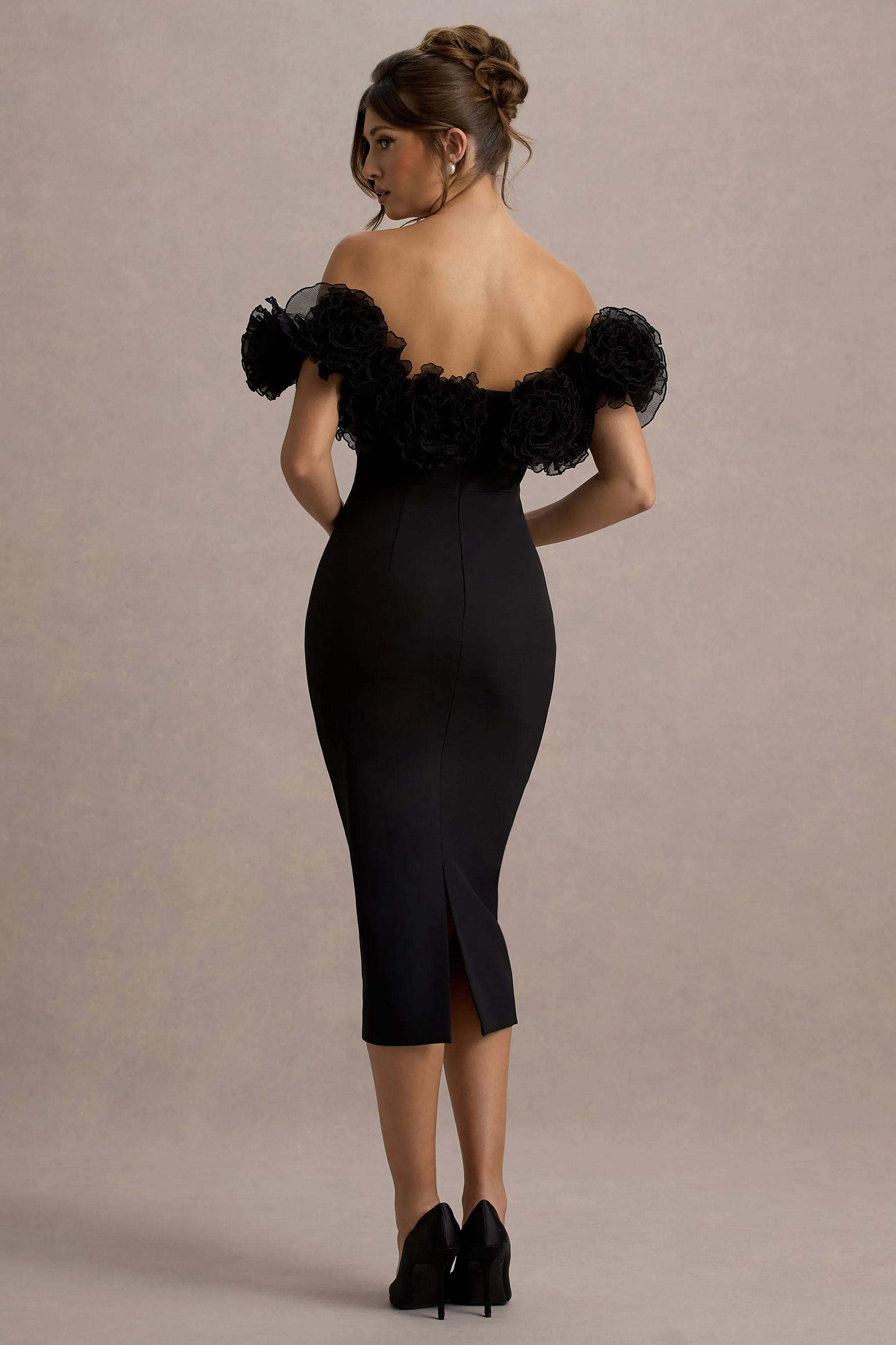 Alizzi | Black Bardot Midi Dress With Ruffle Trim sold by Club L London product image thumbnail 2