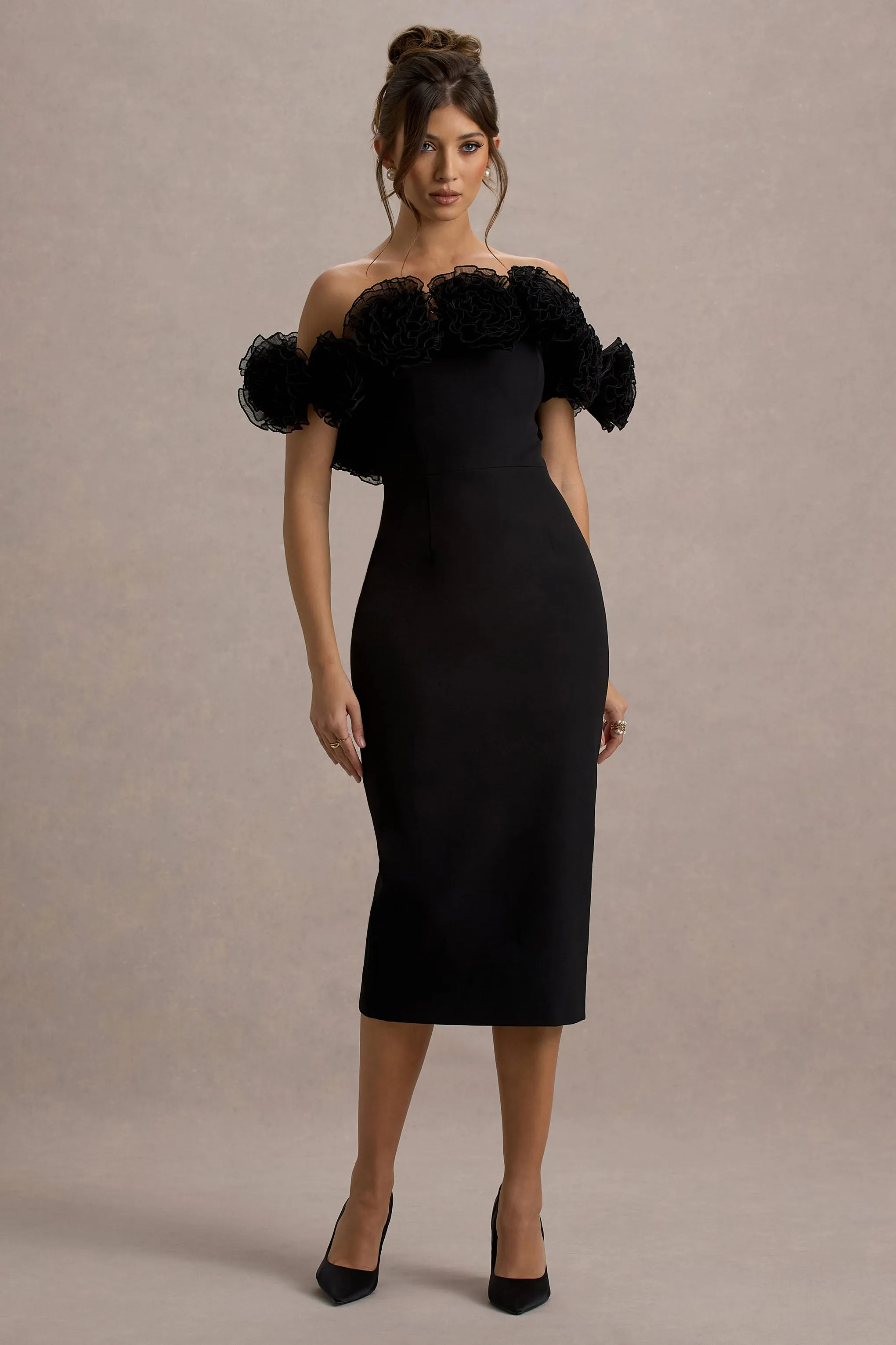 Alizzi | Black Bardot Midi Dress With Ruffle Trim sold by Club L London product image thumbnail 4