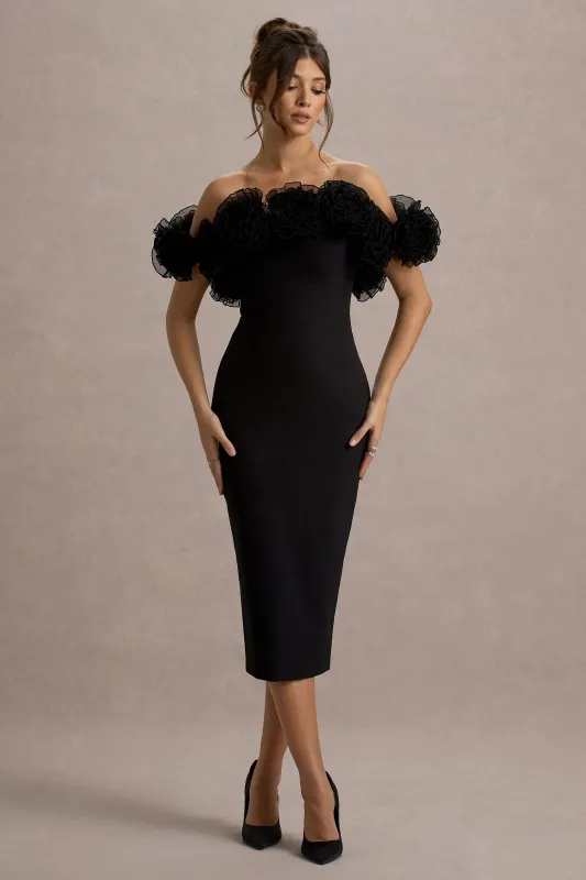 Alizzi | Black Bardot Midi Dress With Ruffle Trim made by Club L London