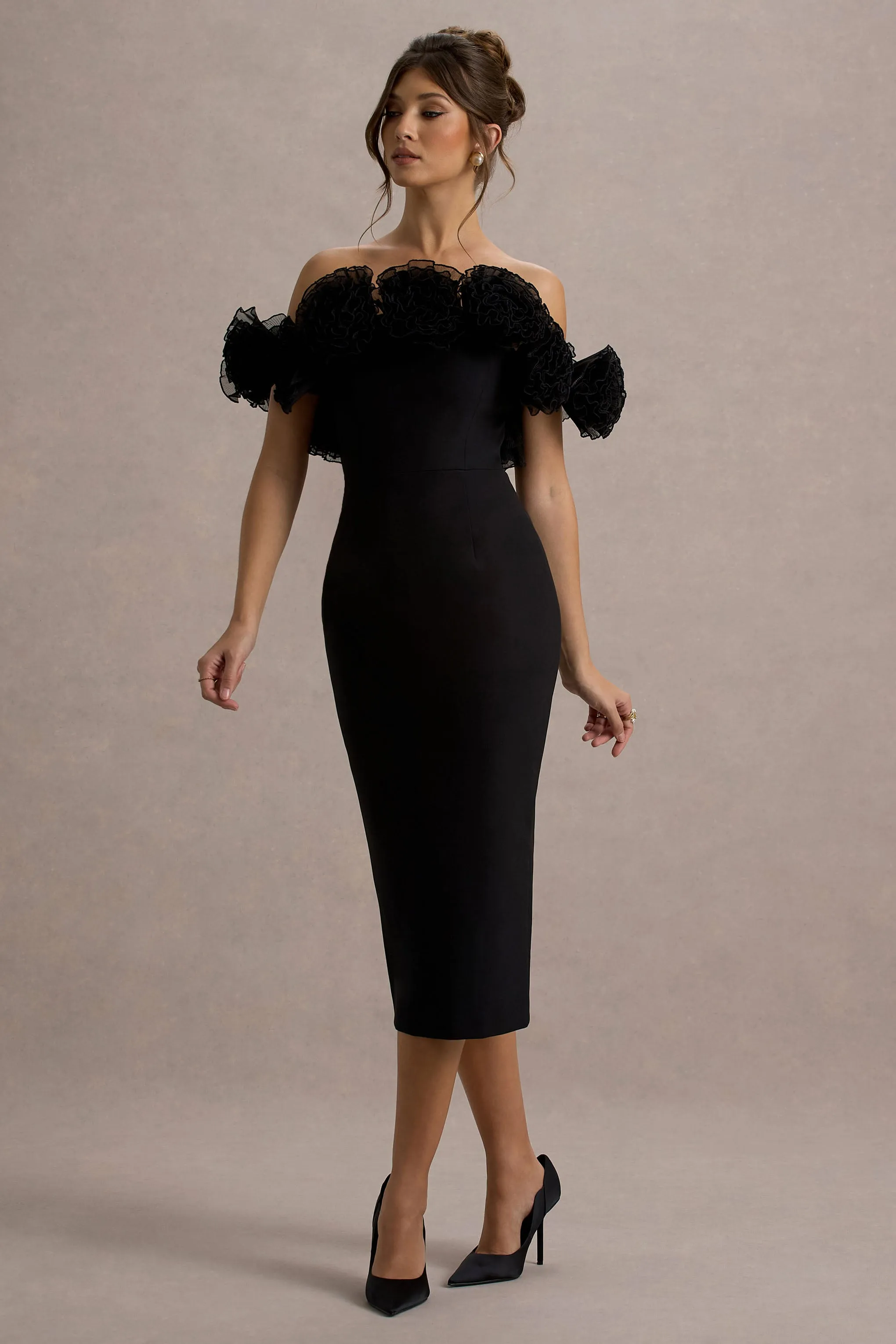 Alizzi | Black Bardot Midi Dress With Ruffle Trim sold by Club L London product image thumbnail 5
