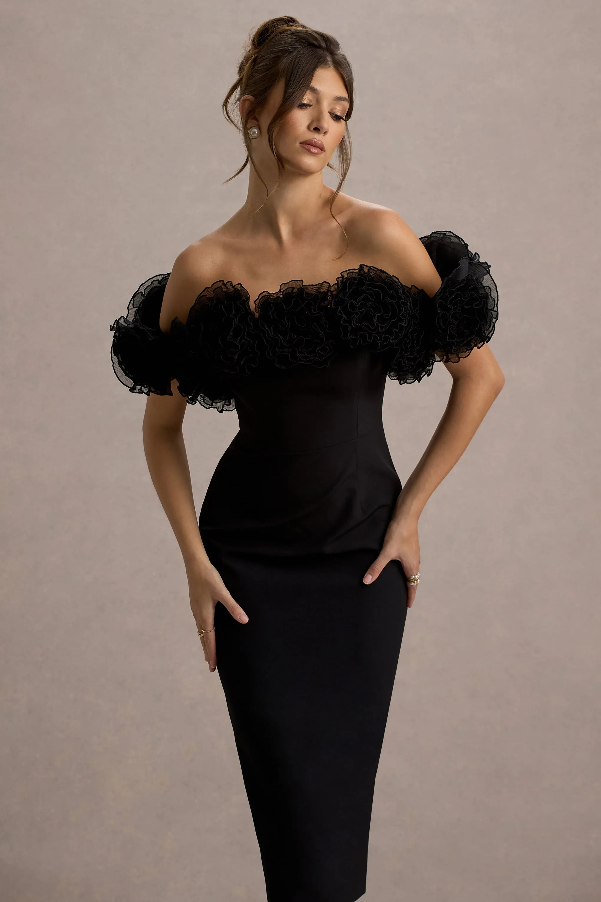 Alizzi | Black Bardot Midi Dress With Ruffle Trim sold by Club L London product image thumbnail 3