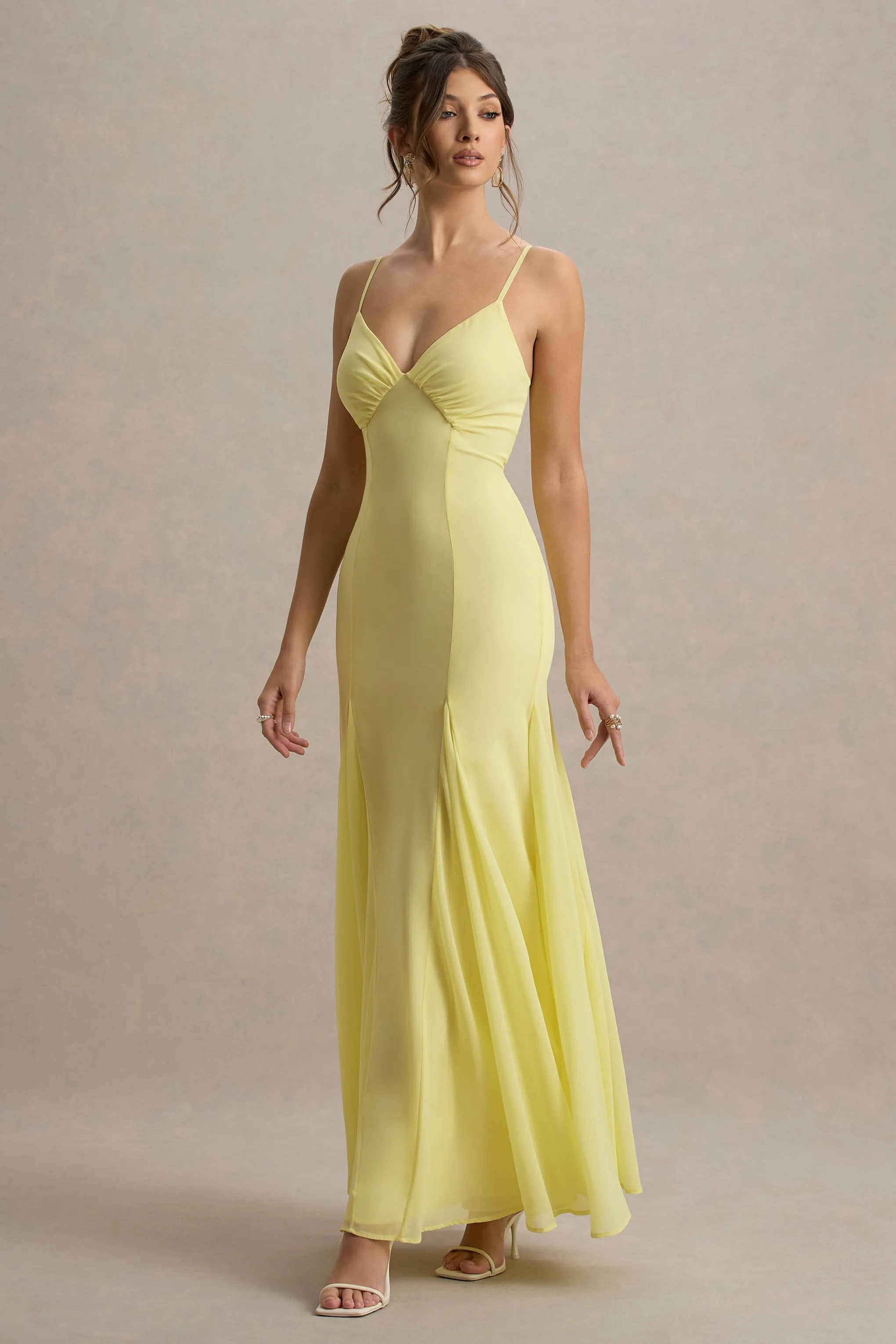 Massie | Lemon Chiffon Strappy Maxi Dress With Volume Hem sold by Club L London
