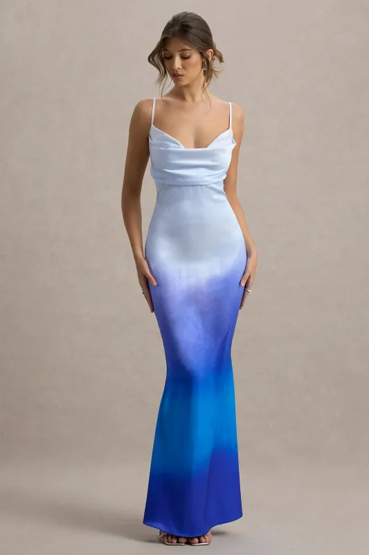Fiji | Purple Ombre Satin Cowl-Neck Strappy Maxi Dress sold by Club L London