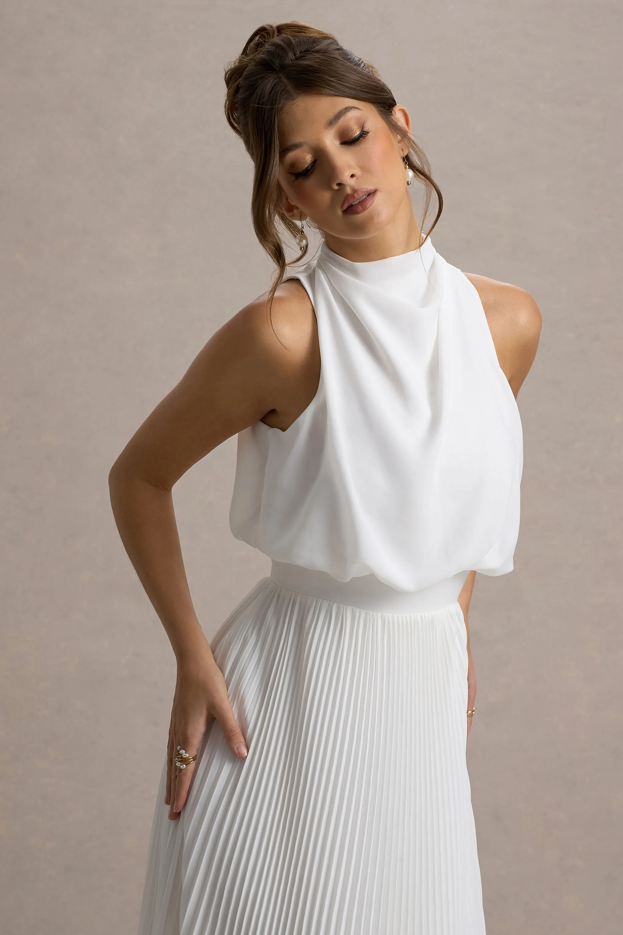 Nila | White Cowl-Neck Midi Dress With Plisse Skirt sold by Club L London product image thumbnail 3