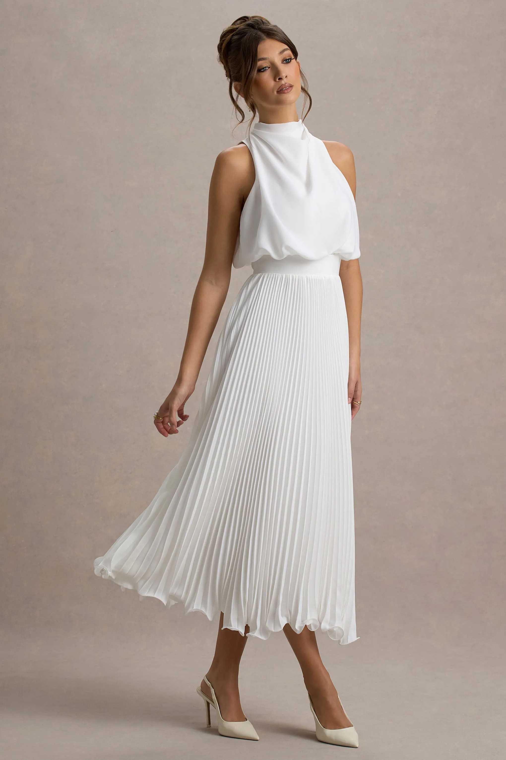 Nila | White Cowl-Neck Midi Dress With Plisse Skirt sold by Club L London product image thumbnail 5