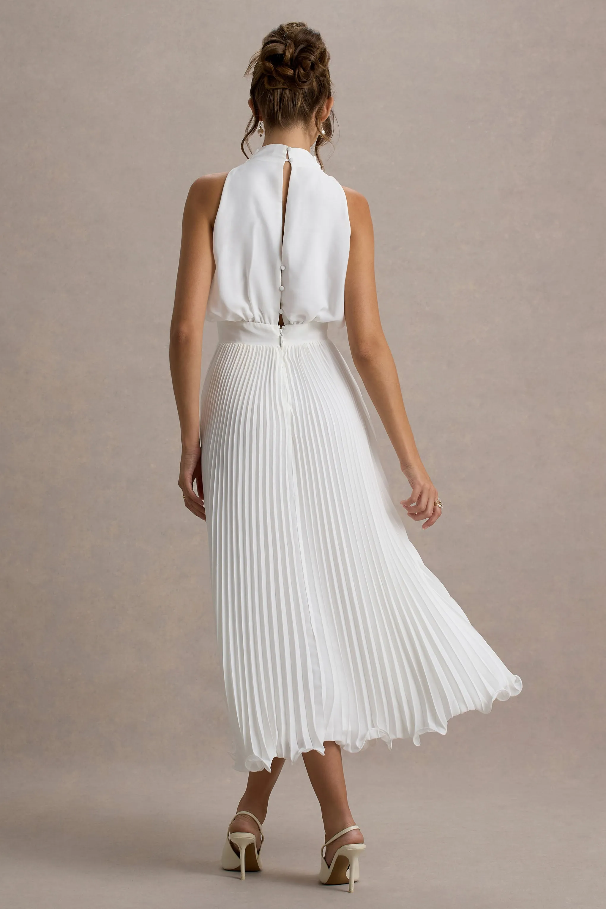 Nila | White Cowl-Neck Midi Dress With Plisse Skirt sold by Club L London product image thumbnail 2