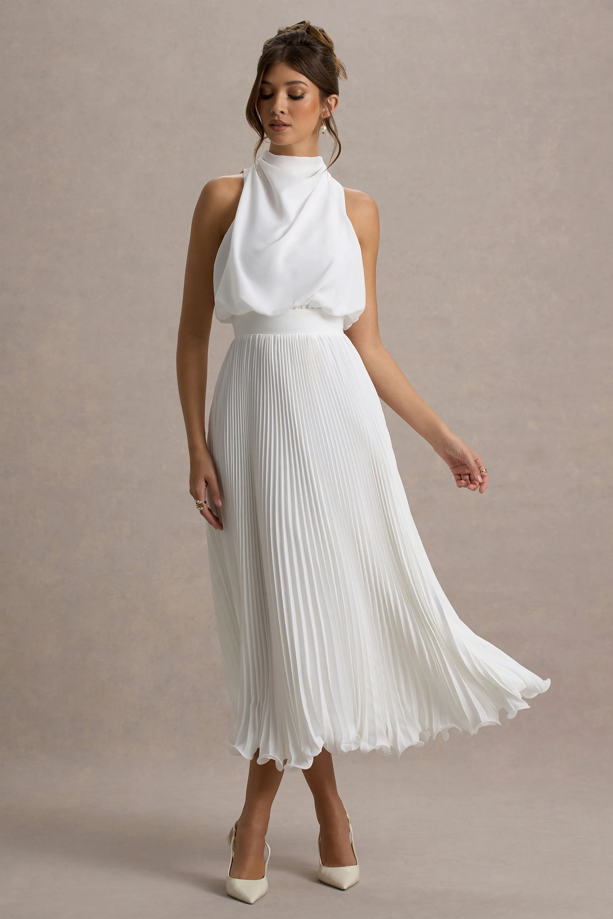 Nila | White Cowl-Neck Midi Dress With Plisse Skirt sold by Club L London